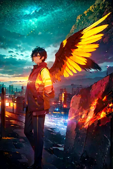 a man, short black hair, bright yellow eyes, golden wings. a city, night, starry sky, bright moon