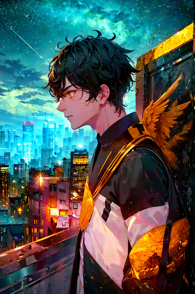 a man, short black hair, bright yellow eyes, golden wings. a city, night, starry sky, bright moon