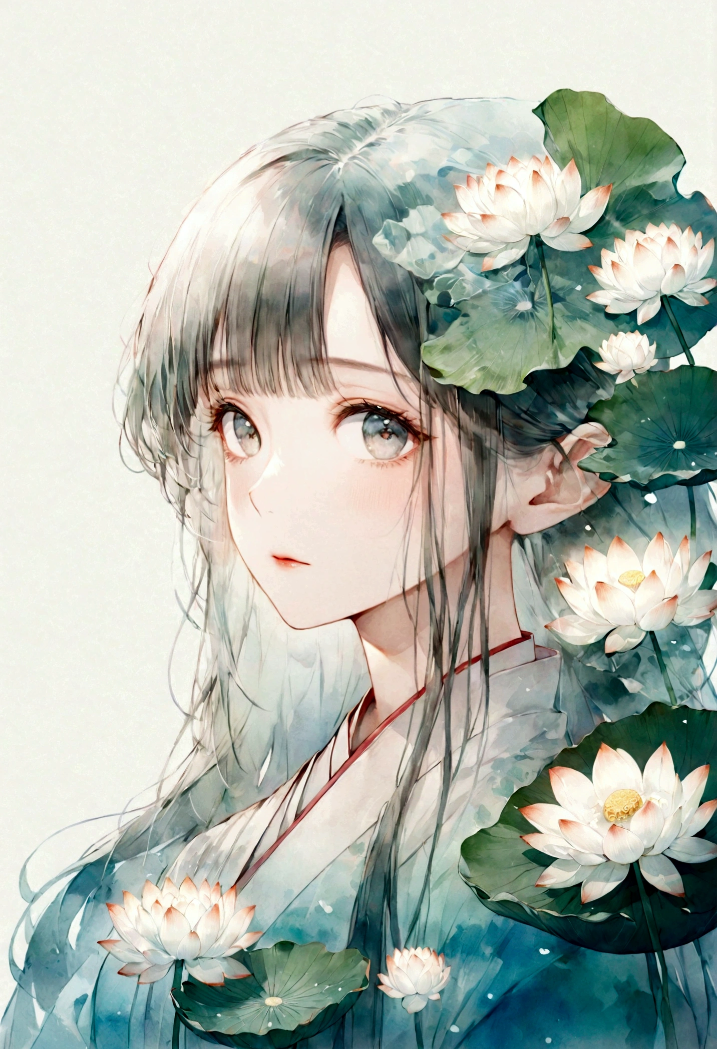    中国の漢服を着た長い髪の美しく詳細な女の子の二重露光フラットベクター(顔はきれい, beautiful and 完璧)画像 ( 完璧解剖结构 ) ，背景には大きな白い蓮の花と大きな蓮の葉が描かれています(半透明の白い蓮の葉) 完璧, 美しく, 複雑なイラスト,   夢のような幻想的なアートワーク、コンセプチュアルなアートワークの傑作, 最高品質, 非常に詳細な, 高品質で細心の注意を払った水彩画スタイルのフラットベクター 

                          
