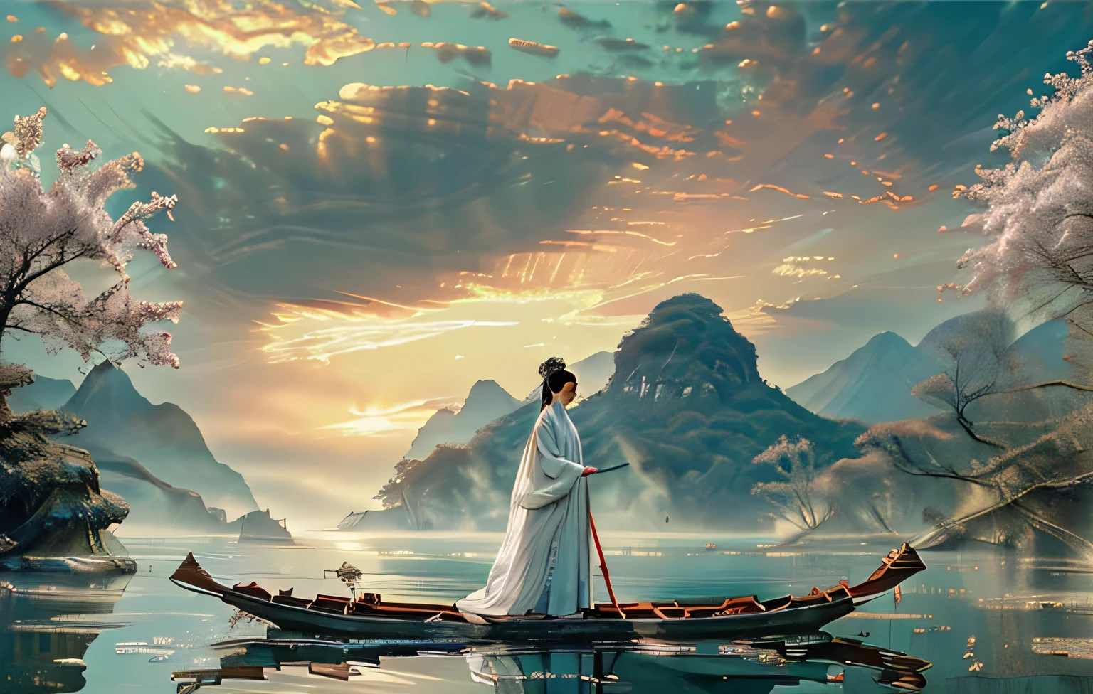 ((masterpiece))), (((best quality))), ((super detailed)), (highly detailed computer illustration), ((extremely delicate and beautiful))Create a serene and ethereal scene set in a mystical landscape at sunset. A young woman in traditional flowing robes is gracefully rowing a small boat on a calm, reflective river. She is surrounded by dramatic cliffs and delicate cherry blossom trees in full bloom. The sky is a canvas of pastel hues, with soft clouds illuminated by the setting sun. Capture the tranquility and beauty of this moment, with a focus on the harmonious blend of nature and the serene figure.