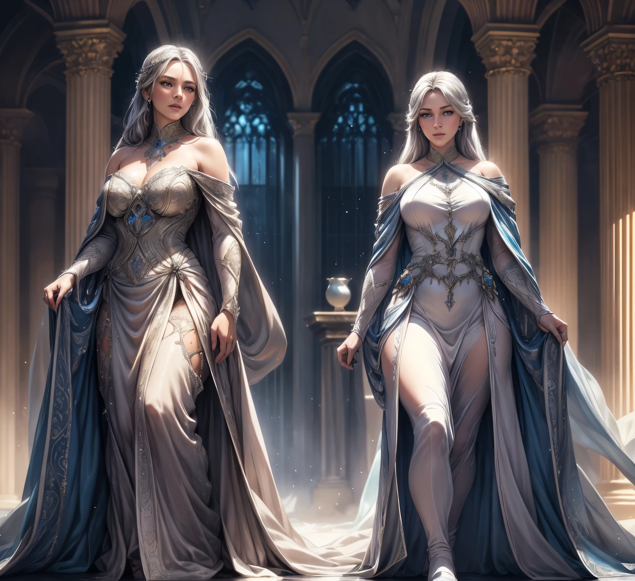 A beautiful, crystalline blue-eyed woman with silver hair wearing a long, regal dress, standing in an elegant pose and looking at the viewer, (2 fair-skinned Amazons in a long, royal dress), (detailed eyes, detailed lips, extremely detailed face and eyes, long eyelashes), (best quality,4k,8k,highres,masterpiece:1.2),ultra-detailed,(realistic,photorealistic,photo-realistic:1.37),HDR,UHD,studio lighting,ultra-fine painting,sharp focus,physically-based rendering,extreme detail description,professional,vivid colors,bokeh,fantasy,digital art