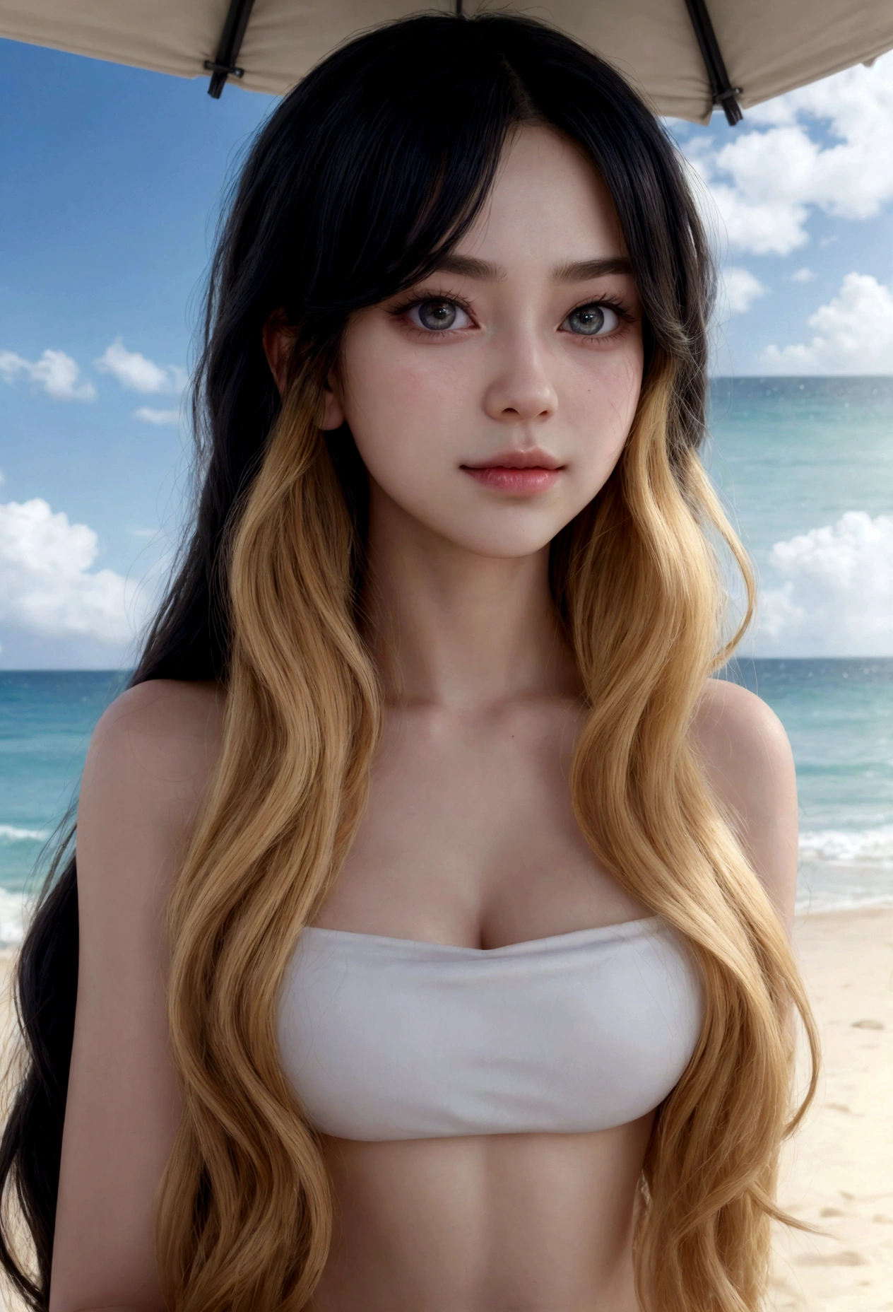 Realistic woman, black hair, square nose model, hair bobbles, quiver, long eyelashes, solid circular eyes, slight smile, ear blush, fang, precise, holding a sign saying “Shop at Mercado Livre with Adeolmo Bueno, ao fundo a praia do havai., blonde hair, blonde hair, curly hair, very long hair, very long hair, floating hair, floating hair, hair flaps, hair flaps, surrealism, drop shadow, anaglyph, stereogram, tachi-e, pov, atmospheric perspective, 8k, super detail, best quality