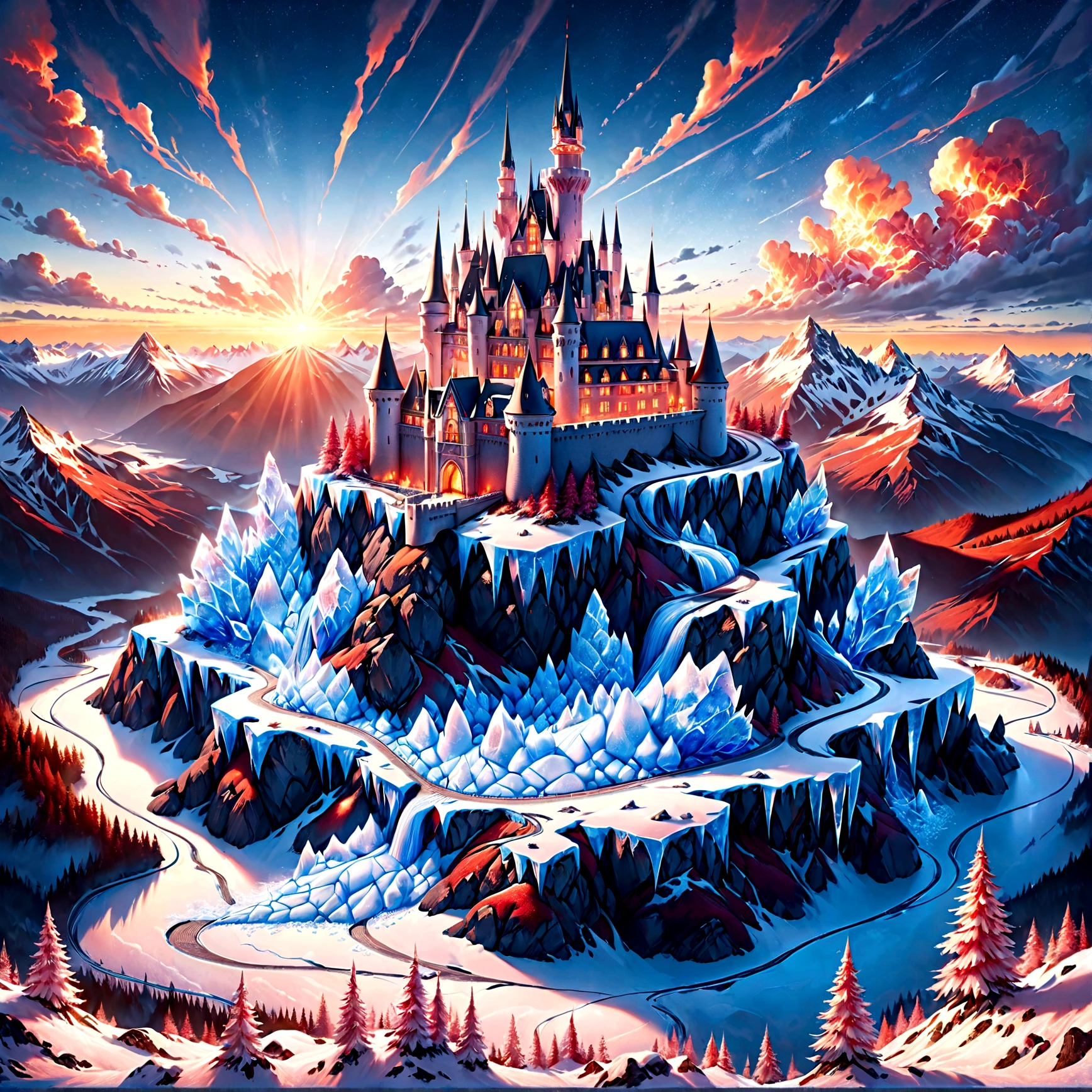 a panoramic award winning photography, Photorealistic, extremely detailed of a castle made from (ice: 1.3) made_of_ice standing on the peak of a snowy mountain, an impressive best detailed castle made from ice (Photorealistic, extremely detailed), with towers, bridges, a moat filled with lava (Photorealistic, extremely detailed),  standing on top of a snowy mountain (masterpiece, extremely detailed, best quality), with pine trees, sunset light, some clouds in the air,  alpine mountain range background, best realistic, best details, best quality, 16k, [ultra detailed], masterpiece, best quality, (extremely detailed), ultra wide shot, photorealism, depth of field, faize, raging nebula