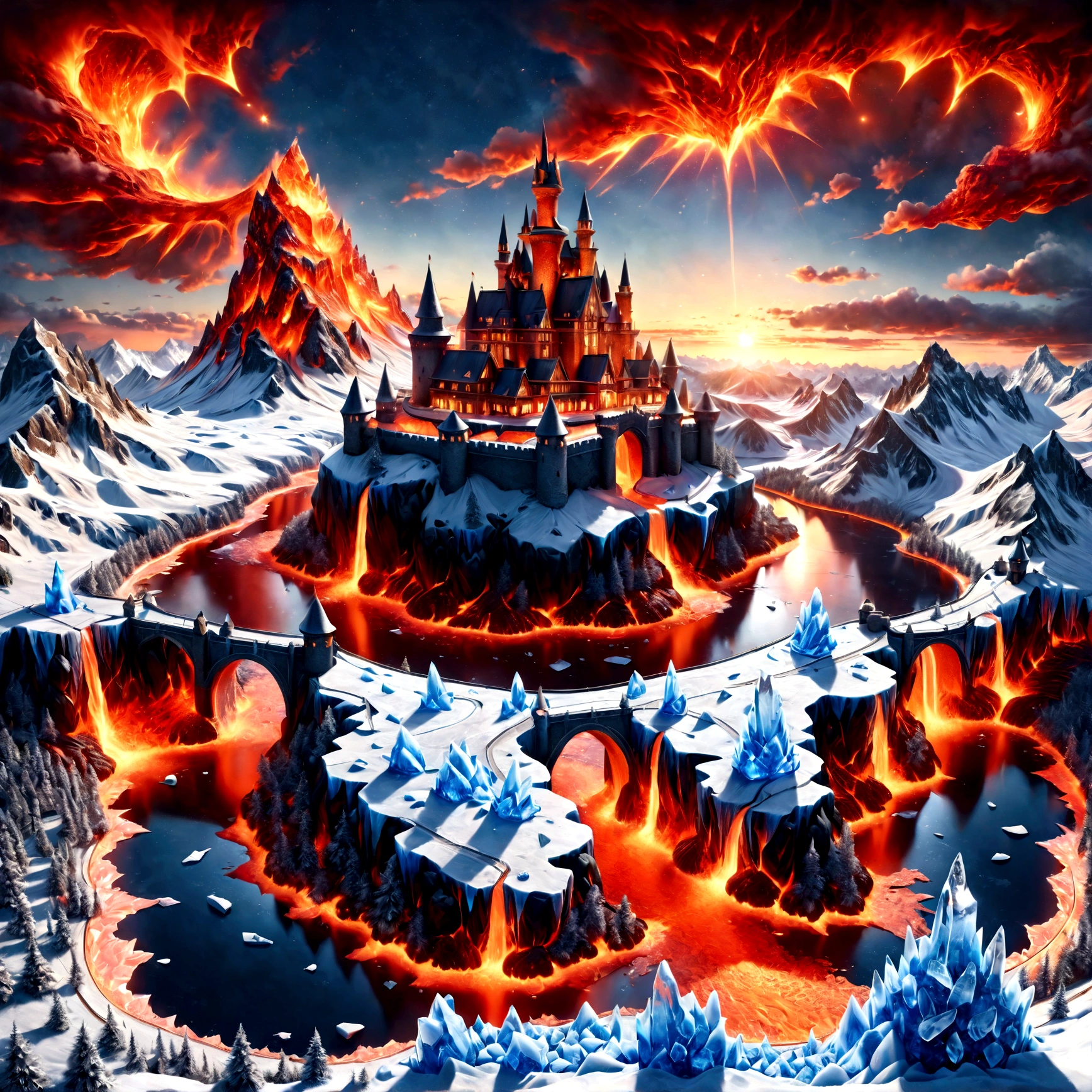 a panoramic award winning photography, Photorealistic, extremely detailed of a castle made from (ice: 1.3) made_of_ice standing on the peak of a snowy mountain, an impressive best detailed castle made from ice (Photorealistic, extremely detailed), with towers, bridges, a moat filled with lava (Photorealistic, extremely detailed),  standing on top of a snowy mountain (masterpiece, extremely detailed, best quality), with pine trees, sunset light, some clouds in the air,  alpine mountain range background, best realistic, best details, best quality, 16k, [ultra detailed], masterpiece, best quality, (extremely detailed), ultra wide shot, photorealism, depth of field, faize, raging nebula, 3D rendering, high quality, landscape, lava land, masterpiece