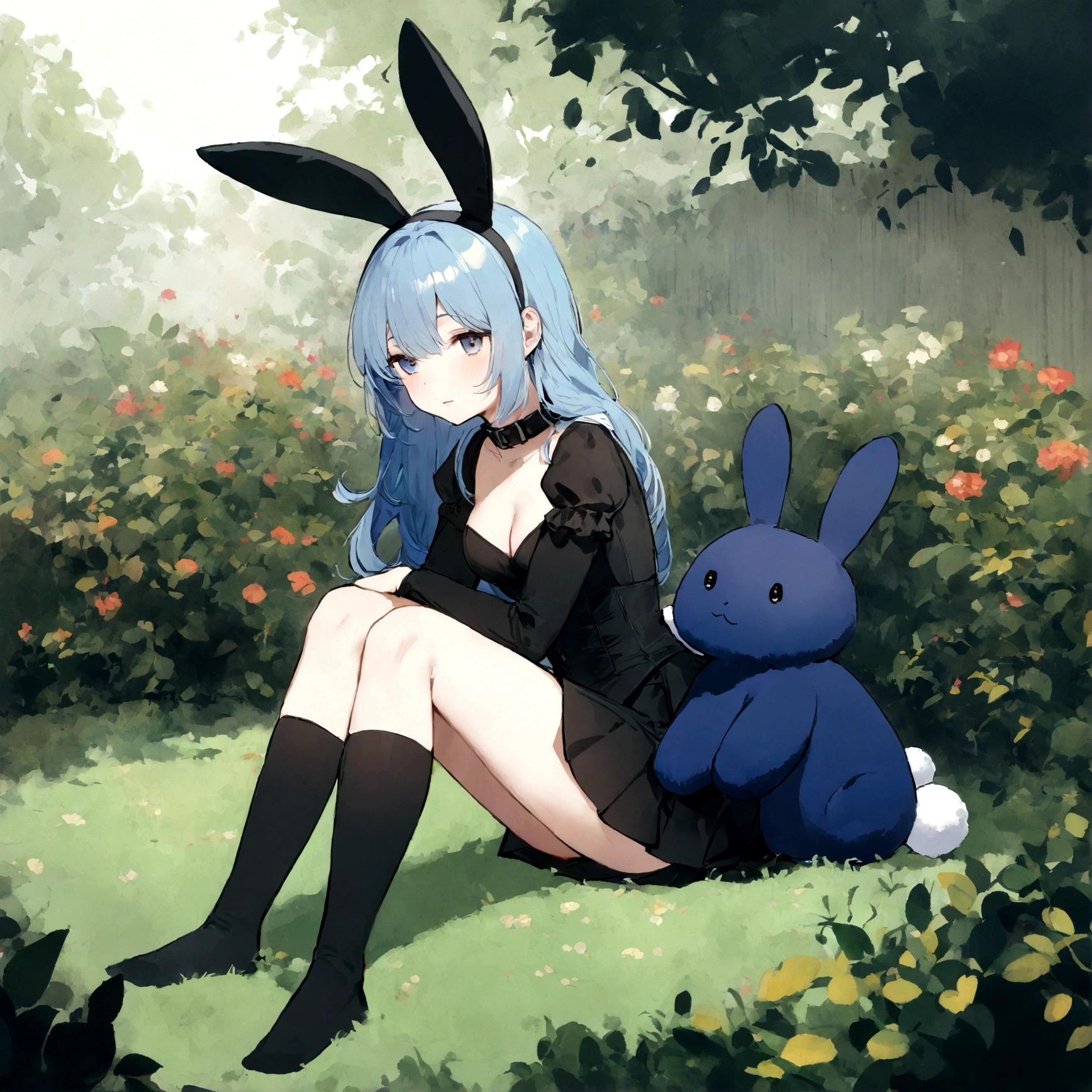 a sexy female with long blue hair, has big fuzzy bunny ears, has a bunny tail, wearing a black corset, wearing a black mini skirt, has a dark blue dog collar on, wearing cute thigh high socks, relaxing on knees, solo, alone, (SOLO)ALONE), no dogs, single girl, on knees, outside in a garden