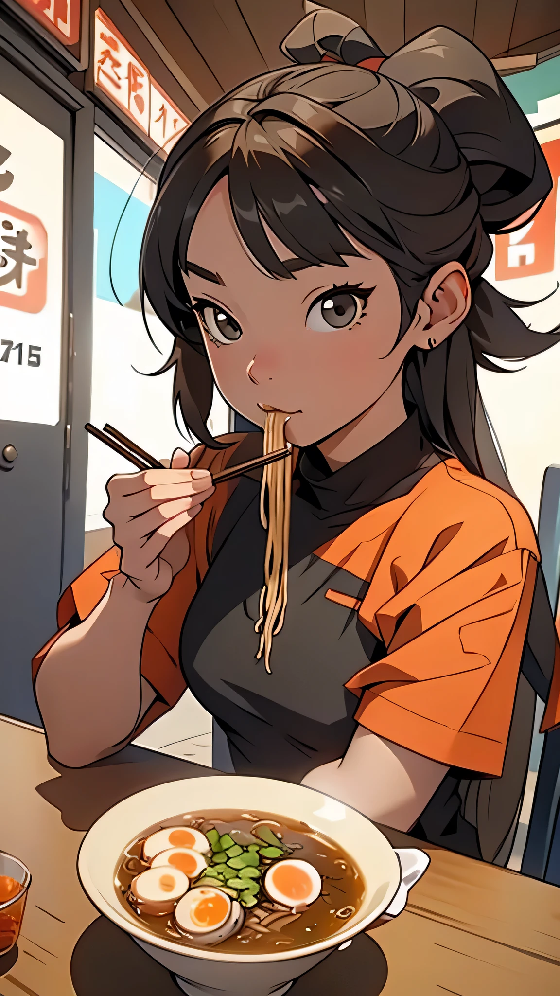 4K, high quality, Girl eating ramen, perspective