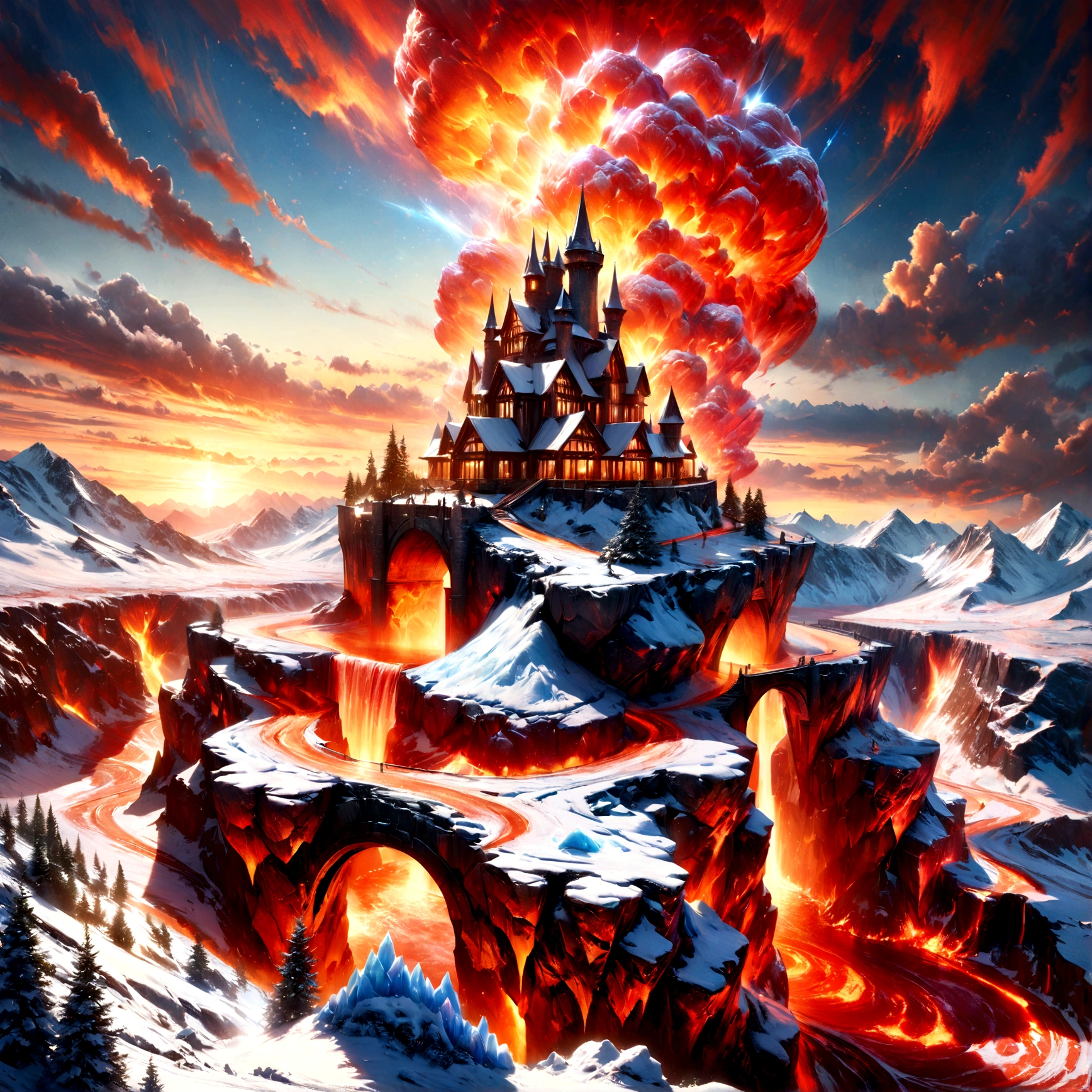 a panoramic award winning photography, Photorealistic, extremely detailed of a ((castle: 1.5)) made from (ice: 1.3), standing on the peak of a snowy mountain, an impressive best detailed castle made from ice (Photorealistic, extremely detailed), with towers, bridges, a moat filled with lava (Photorealistic, extremely detailed),  standing on top of a snowy mountain (masterpiece, extremely detailed, best quality), with pine trees, sunset light, some clouds in the air,  alpine mountain range background, best realistic, best details, best quality, 16k, [ultra detailed], masterpiece, best quality, (extremely detailed), ultra wide shot, photorealism, depth of field, faize, raging nebula