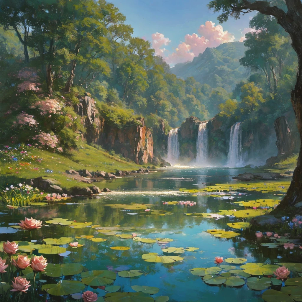  a large waterfall in the middle of a mountain, country, biolet sunrise, dark sky with pink  clouds, fog in the forest, waterfall flows into a pond, pond with a garden, flowers and water lilies in a pond, rock bridge, epic landscape, art oil painting, water, lantern in the pond, ancient city blurred on mountain in the distance, fantasy, trend in artstation, trend in CGSociety, intricate, high detail, dramatic, art mid-journey, tall aguafall, painting of a river with rocks and trees in the foreground, near a river, landscape, jungle, aguafall, crystal clear water, colorful, river with rocks, rock bridge, epic, Fantasy, ((roses and flowers on the banks of the pond)), ((Painting) oil)), ((rock bridge))