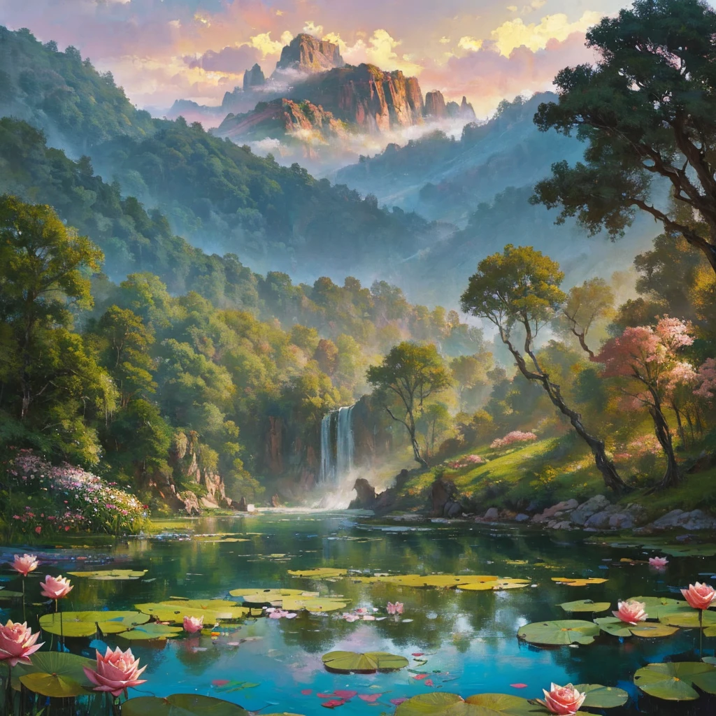  a large waterfall in the middle of a mountain, country, biolet sunrise, dark sky with pink  clouds, fog in the forest, waterfall flows into a pond, pond with a garden, flowers and water lilies in a pond, rock bridge, epic landscape, art oil painting, water, lantern in the pond, ancient city blurred on mountain in the distance, fantasy, trend in artstation, trend in CGSociety, intricate, high detail, dramatic, art mid-journey, tall aguafall, painting of a river with rocks and trees in the foreground, near a river, landscape, jungle, aguafall, crystal clear water, colorful, river with rocks, rock bridge, epic, Fantasy, ((roses and flowers on the banks of the pond)), ((Painting) oil)), ((rock bridge))