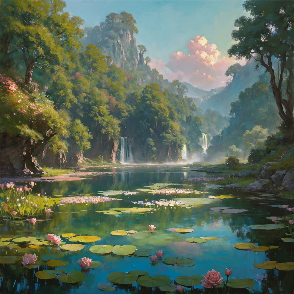  a large waterfall in the middle of a mountain, country, biolet sunrise, dark sky with pink  clouds, fog in the forest, waterfall flows into a pond, pond with a garden, flowers and water lilies in a pond, rock bridge, epic landscape, art oil painting, water, lantern in the pond, ancient city blurred on mountain in the distance, fantasy, trend in artstation, trend in CGSociety, intricate, high detail, dramatic, art mid-journey, tall aguafall, painting of a river with rocks and trees in the foreground, near a river, landscape, jungle, aguafall, crystal clear water, colorful, river with rocks, rock bridge, epic, Fantasy, ((roses and flowers on the banks of the pond)), ((Painting) oil)), ((rock bridge))