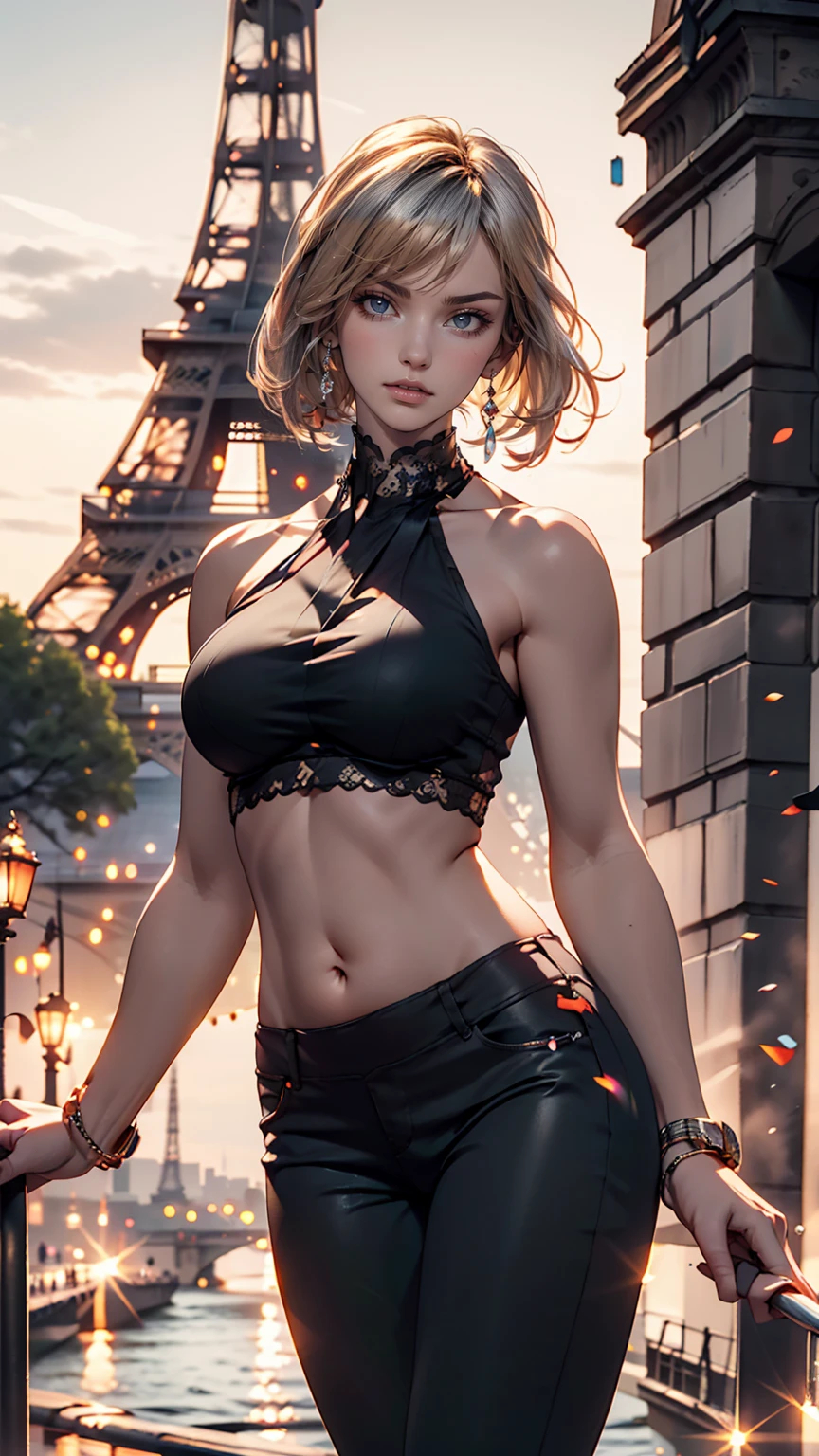 24 year old Caucasian female、Silver Hair、Outstanding proportions、High neck/Halter neck((high neck halter neck))Wear tops、No sleeve、I can see my belly button、Wear low rise pants with leggings、You can see the Eiffel Tower、Paris city center、smile、View of the Seine from the bridge