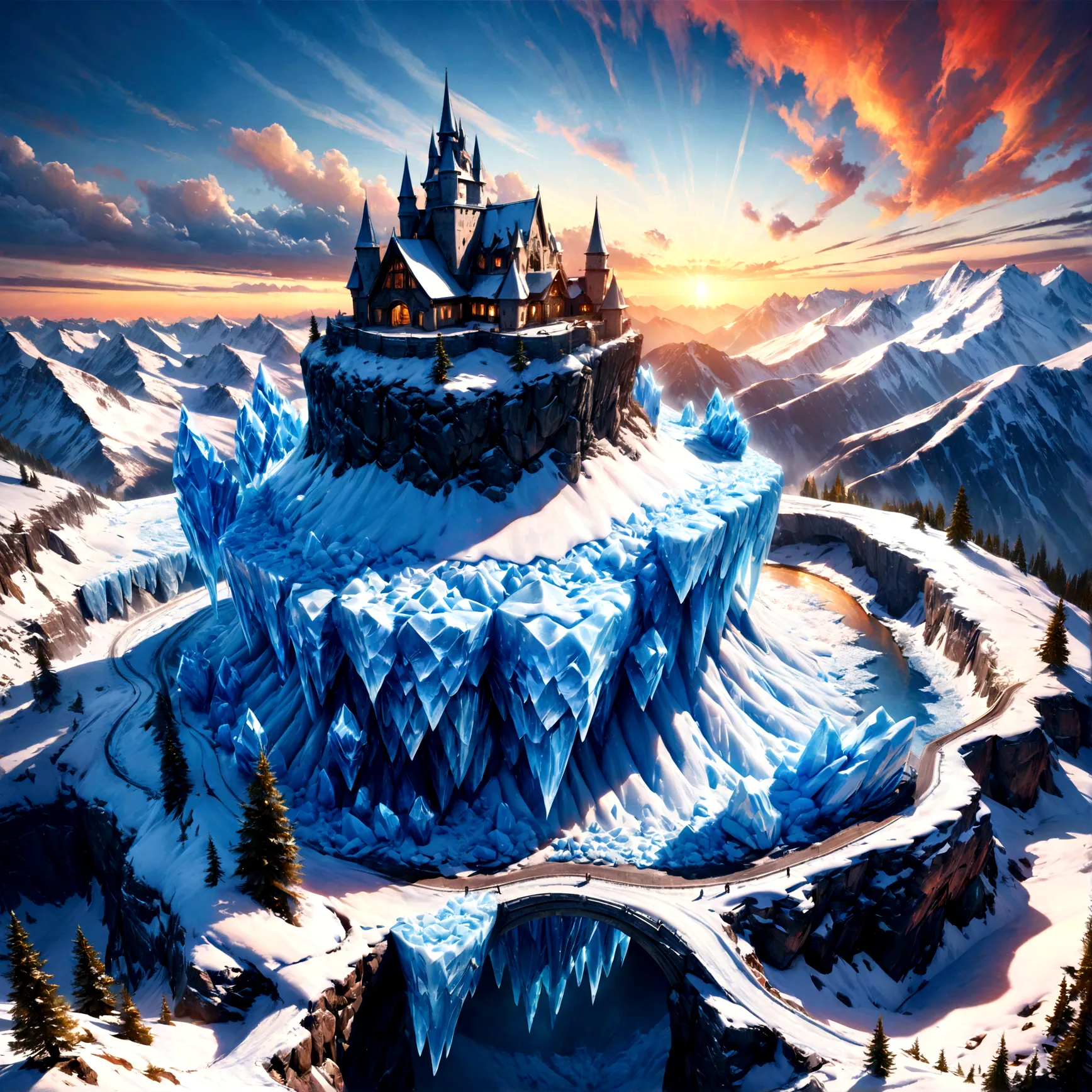 a panoramic award winning photography, Photorealistic, extremely detailed of a ((castle: 1.5)) made from (ice: 1.3), standing on...