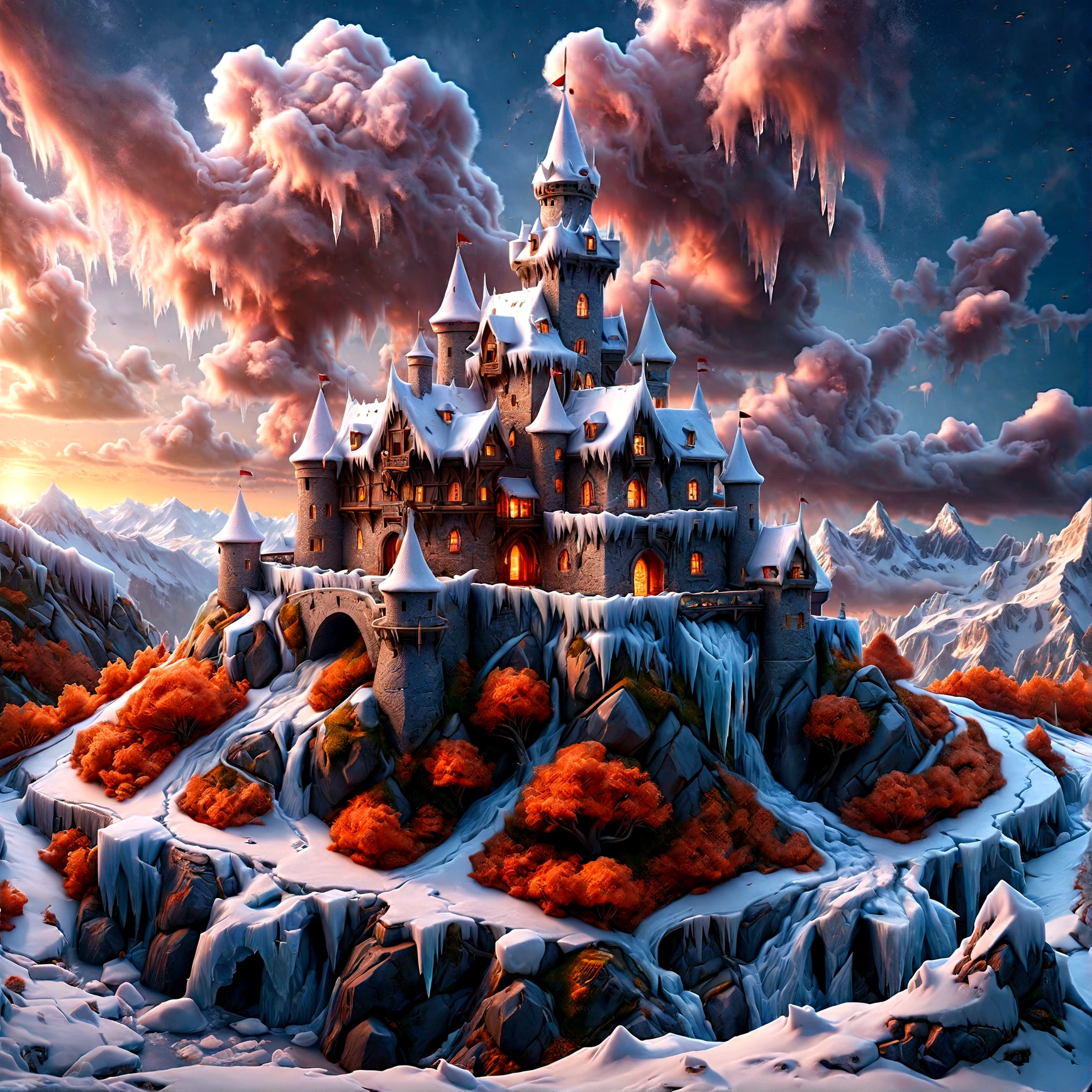 a panoramic award winning photography, Photorealistic, extremely detailed of a castle made from (ice: 1.3), standing on the peak of a snowy mountain, an impressive best detailed castle made from ice (Photorealistic, extremely detailed), with towers, bridges, a moat filled with lava (Photorealistic, extremely detailed),  standing on top of a snowy mountain (masterpiece, extremely detailed, best quality), with pine trees, sunset light, some clouds in the air,  alpine mountain range background, best realistic, best details, best quality, 16k, [ultra detailed], masterpiece, best quality, (extremely detailed), ultra wide shot, photorealism, depth of field, faize, raging nebula