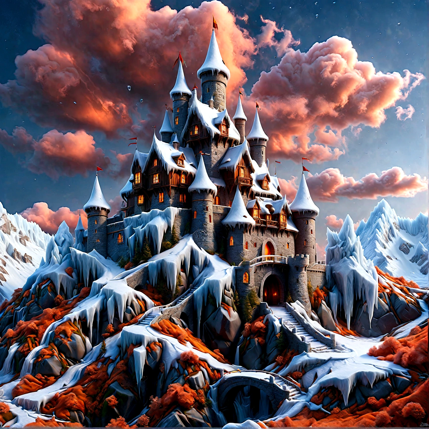 una fotografía panorámica premiada, Fotorrealista, extremadamente detallado of a castle made from (hielo: 1.3), De pie en la cima de una montaña nevada, an impressive best detailed castle made from hielo (Fotorrealista, extremadamente detallado), con torres, puentes, un foso lleno de lava (Fotorrealista, extremadamente detallado),  parado en la cima de una montaña nevada (obra maestra, extremadamente detallado, mejor calidad), con pinos, luz del atardecer, algunas nubes en el aire,  fondo de la cordillera alpina, mejor realista, mejores detalles, mejor calidad, 16k, [ultra detallado], obra maestra, mejor calidad, (extremadamente detallado), tiro ultra ancho, photorealism, profundidad de campo, de interes, nebulosa furiosa