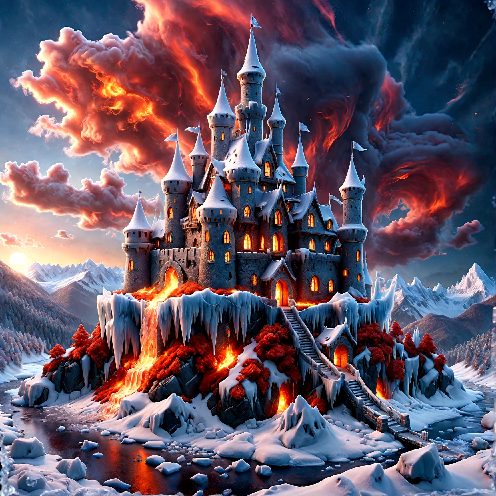 a panoramic award winning photography, Photorealistic, extremely detailed of a castle made from (ice: 1.3), standing on the peak of a snowy mountain, an impressive best detailed castle made from ice (Photorealistic, extremely detailed), with towers, bridges, a moat filled with lava (Photorealistic, extremely detailed),  standing on top of a snowy mountain (masterpiece, extremely detailed, best quality), with pine trees, sunset light, some clouds in the air,  alpine mountain range background, best realistic, best details, best quality, 16k, [ultra detailed], masterpiece, best quality, (extremely detailed), ultra wide shot, photorealism, depth of field, faize, raging nebula