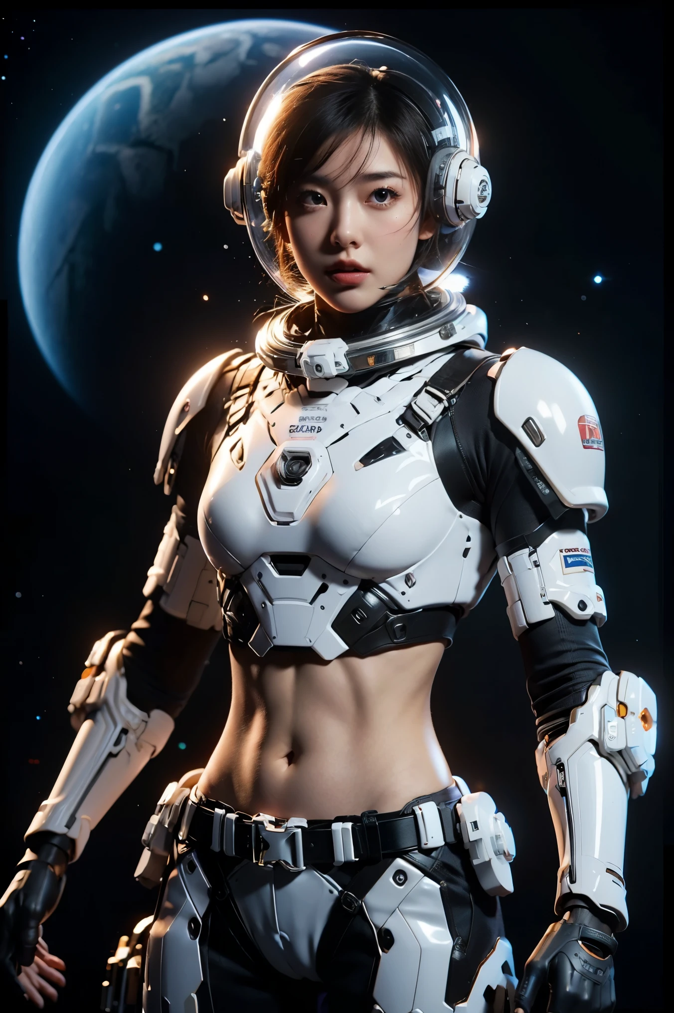 a girl in spacesuit, fully exposed midriff, bare waist,cowboy-shot, in outer space, desolate alien cold planet, Frosted，transparen space-helmet,Transparent full-face helmet ,((bikini top)),((metal Bikini armor)), sexy exposed midriff, full metallic armor, bare midriff and waist, open abdomen, fully exposed abdomen, cowboy-shot, realistic, photorealistic, high quality, 8k, extremely detailed, masterpiece, dynamic pose, dramatic lighting, cinematic, sci-fi, futuristic, vibrant colors