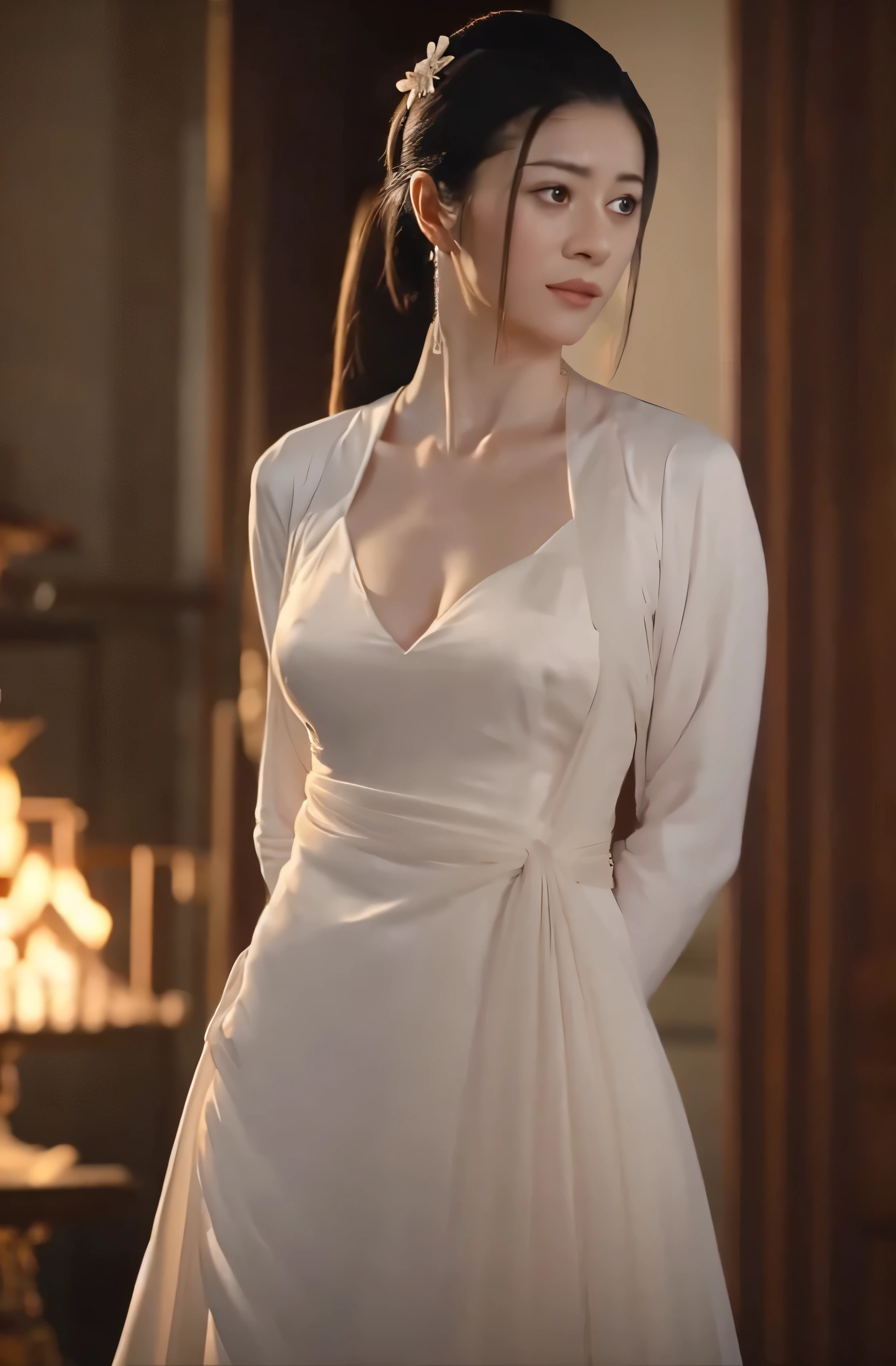 A beautiful woman，alone，Full breasts，Wearing a white silk dress