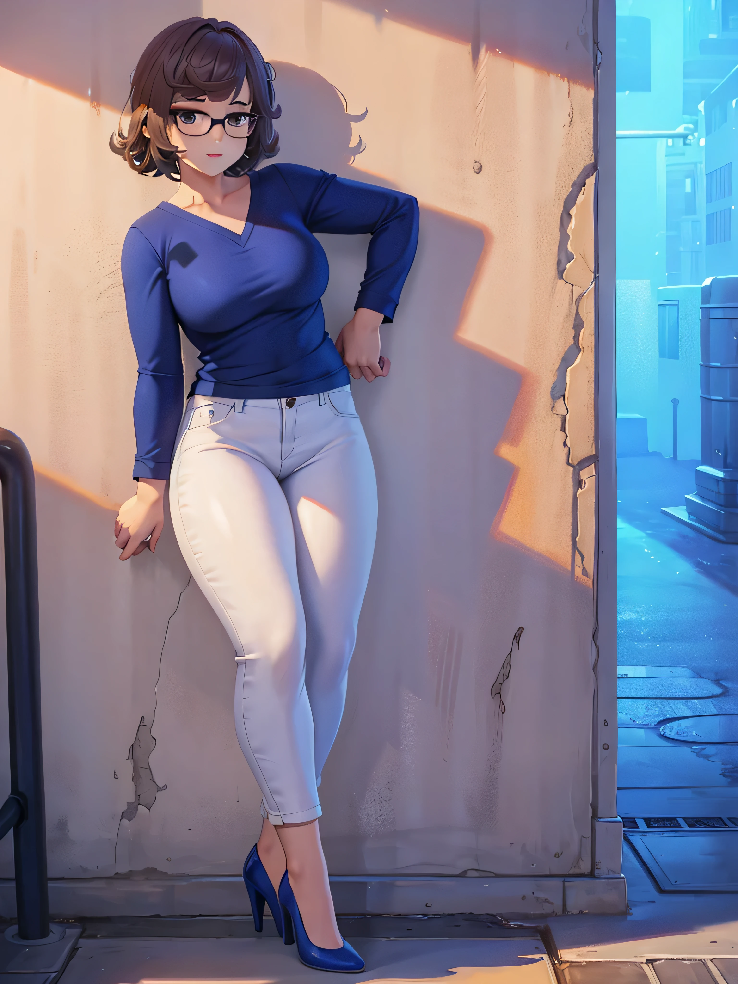 mei, thighs, full body, white high heels, nude tits, blue jeans