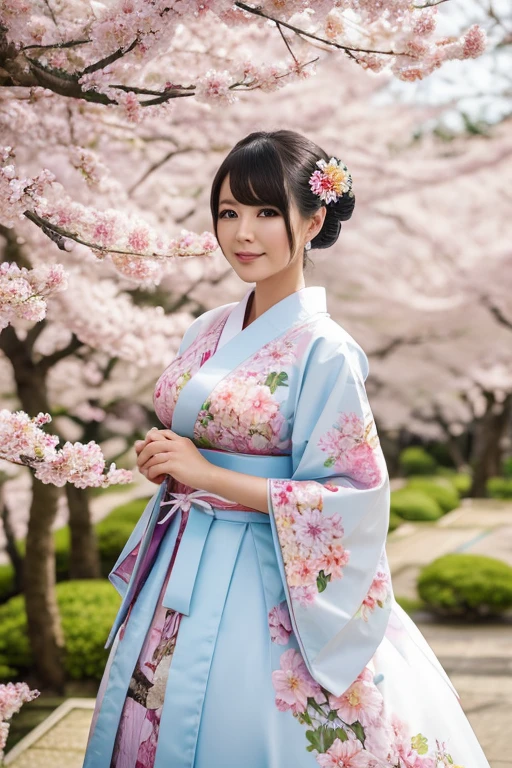 Obra maestra, mejor calidad, una princesa japonesa voluptosa, vistiendo un kimono de flores, princesa atractiva, de pie al lado de un arbol de sakura, cinematic light, detalles en la piel de poros, atractiva princesa real japonesa