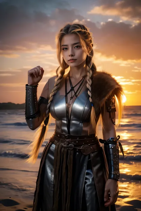viking warrior woman with serious easy expression,montada em um cavalo branco selvagem, usando roupa de pele, long hair with bra...