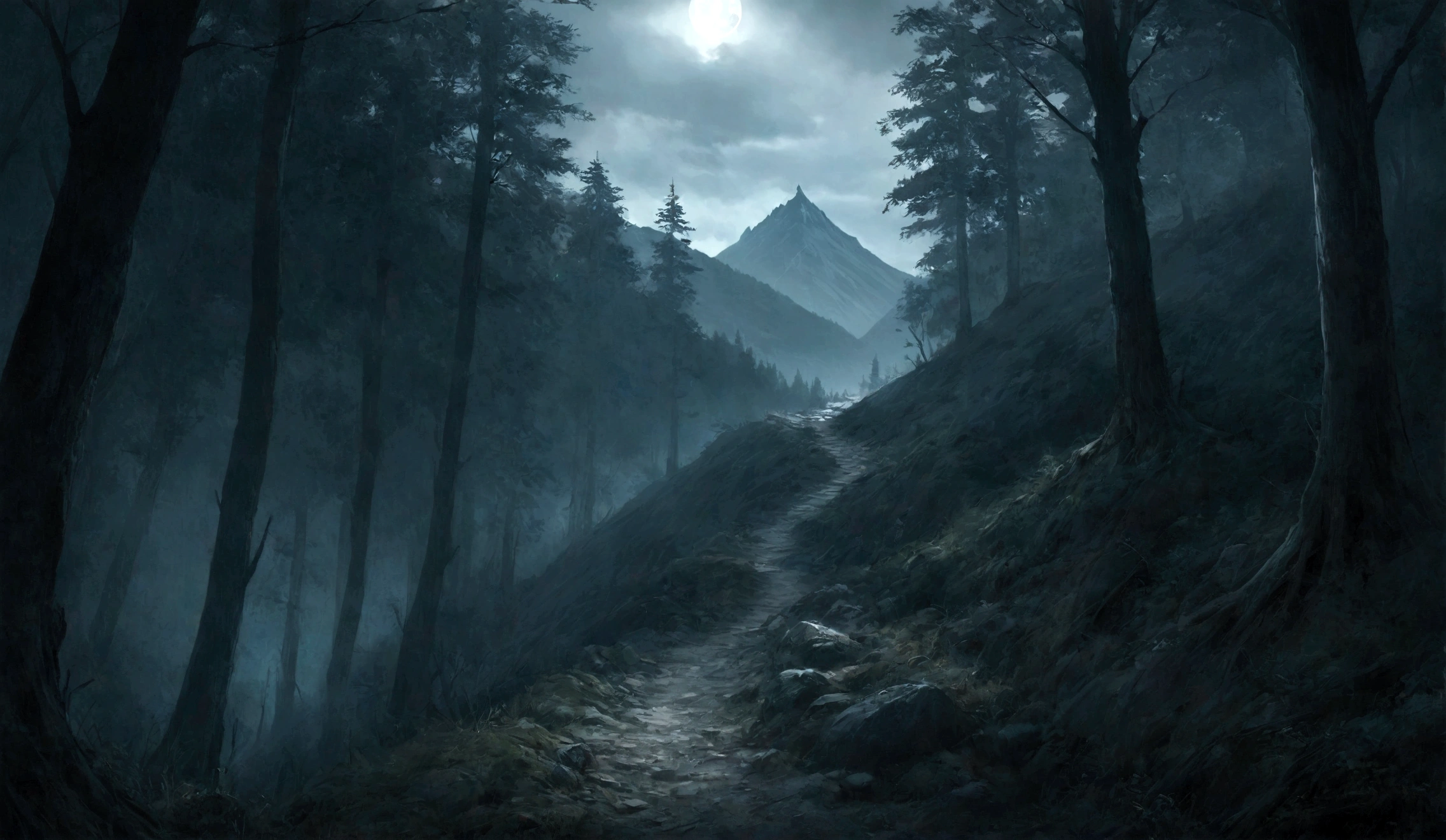 an dirt hike patch in eeire montain with dark woods, the path goes up the montain, dark atmosphere, horror story