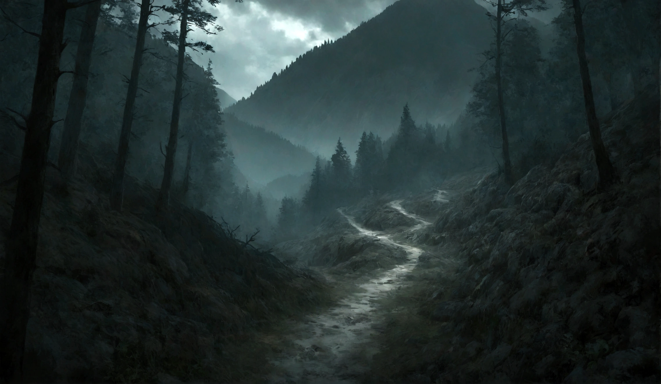 un parche de caminata de tierra en una montaña con bosques oscuros, el camino sube la montaña, dark atmosphere, historia de horror