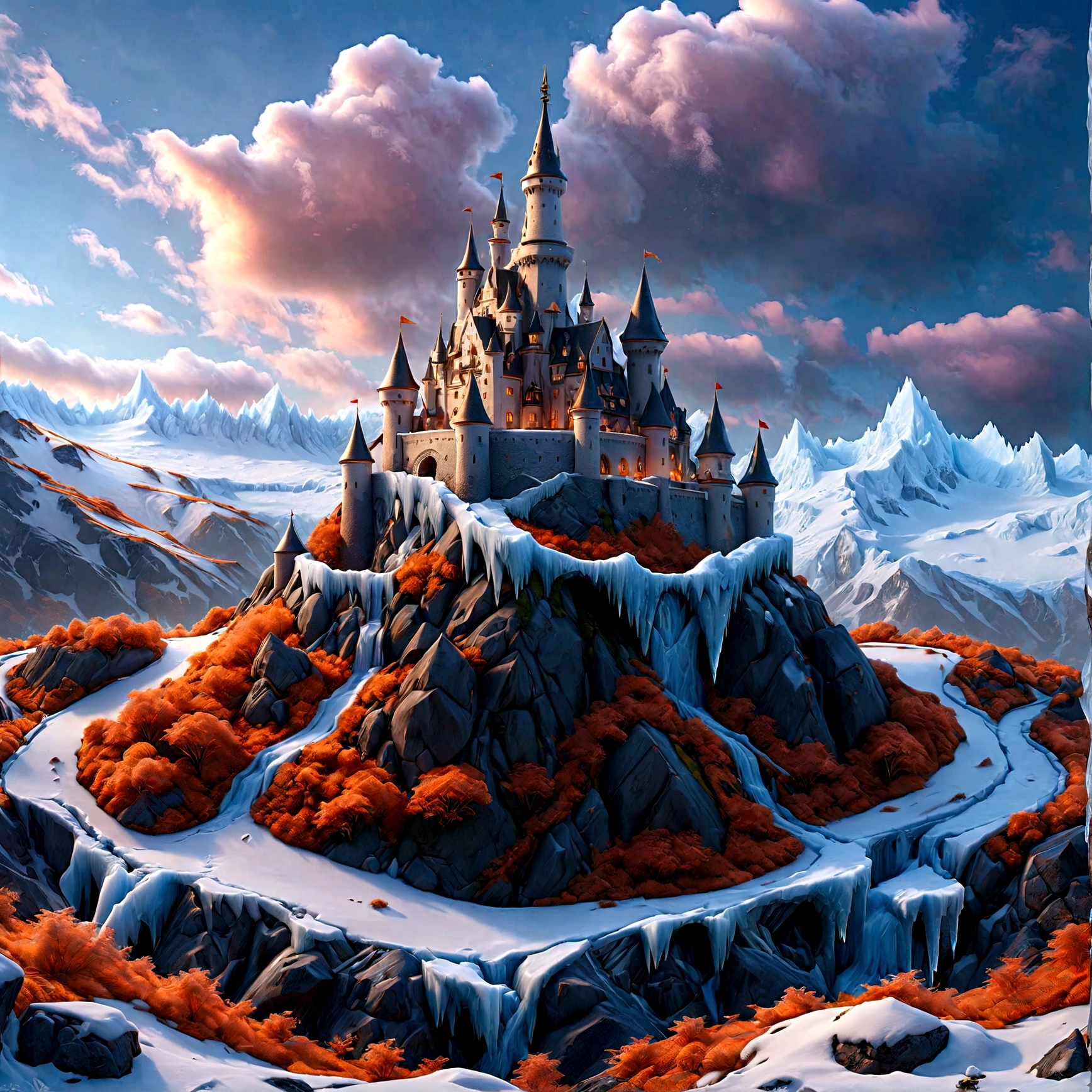 a panoramic award winning photography, Photorealistic, extremely detailed of a castle made from (ice: 1.3), standing on the peak of a snowy mountain, an impressive best detailed castle made from ice (Photorealistic, extremely detailed), with towers, bridges, a moat filled with lava (Photorealistic, extremely detailed),  standing on top of a snowy mountain (masterpiece, extremely detailed, best quality), with pine trees, sunset light, some clouds in the air,  alpine mountain range background, best realistic, best details, best quality, 16k, [ultra detailed], masterpiece, best quality, (extremely detailed), ultra wide shot, photorealism, depth of field, faize, high quality, landscape, lava land,