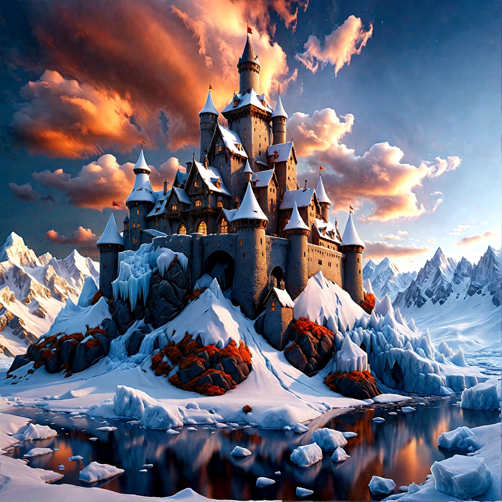 una fotografía panorámica premiada, Fotorrealista, extremadamente detallado of a castle made from (hielo: 1.3), De pie en la cima de una montaña nevada, an impressive best detailed castle made from hielo (Fotorrealista, extremadamente detallado), con torres, puentes, un foso lleno de lava (Fotorrealista, extremadamente detallado),  parado en la cima de una montaña nevada (obra maestra, extremadamente detallado, mejor calidad), con pinos, luz del atardecer, algunas nubes en el aire,  fondo de la cordillera alpina, mejor realista, Mejores detalles, mejor calidad, 16k, [Ultra detallado], obra maestra, mejor calidad, (extremadamente detallado), toma de gran angular, photorealism, profundidad de campo, de interes, alta calidad, paisaje, tierra de lava,