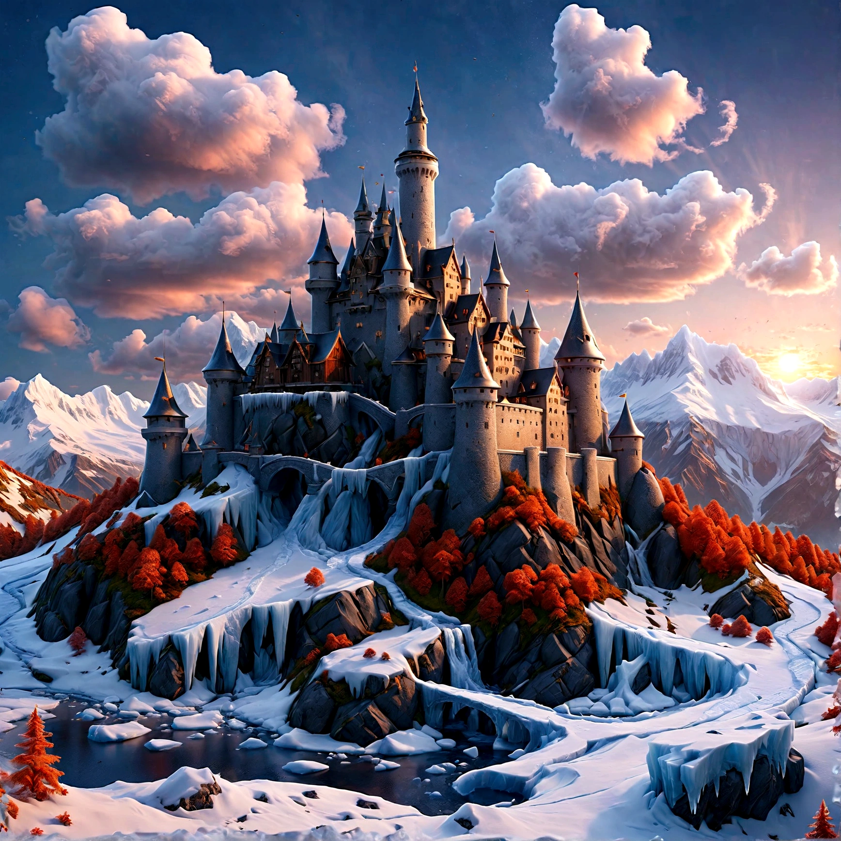 a panoramic award winning photography, Photorealistic, extremely detailed of a castle made from (ice: 1.3), standing on the peak of a snowy mountain, an impressive best detailed castle made from ice (Photorealistic, extremely detailed), with towers, bridges, a moat filled with lava (Photorealistic, extremely detailed),  standing on top of a snowy mountain (masterpiece, extremely detailed, best quality), with pine trees, sunset light, some clouds in the air,  alpine mountain range background, best realistic, best details, best quality, 16k, [ultra detailed], masterpiece, best quality, (extremely detailed), ultra wide shot, photorealism, depth of field, faize, high quality, landscape, lava land,