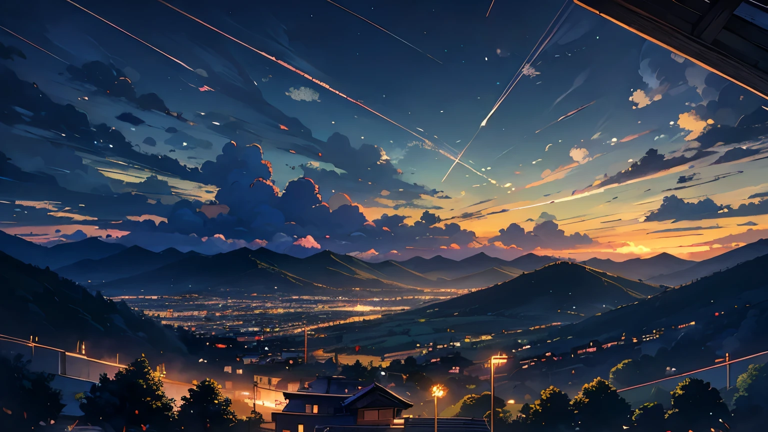 Anime-Stil，Abend，Abendの空，Berg々，von Wolken umgeben，Grüne Felder und Wälder，Schöner Himmel，Wunderschöne Aussicht