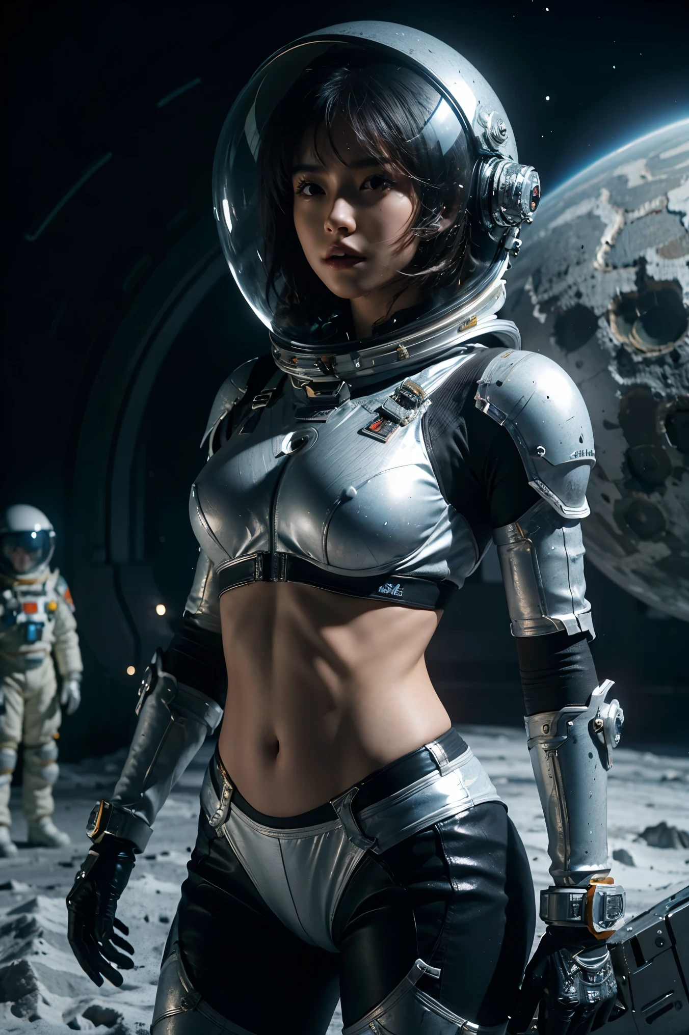 a girl in spacesuit, fully exposed midriff, bare waist,cowboy-shot, in outer space, desolate alien cold planet, Frosted，transparen space-helmet,Transparent full-face helmet ,((bikini top)),((metal Bikini armor)), sexy exposed midriff, full metallic armor, bare midriff and waist, open abdomen, fully exposed abdomen, cowboy-shot, realistic, photorealistic, high quality, 8k, extremely detailed, masterpiece, dynamic pose, dramatic lighting, cinematic, sci-fi, futuristic, vibrant colors