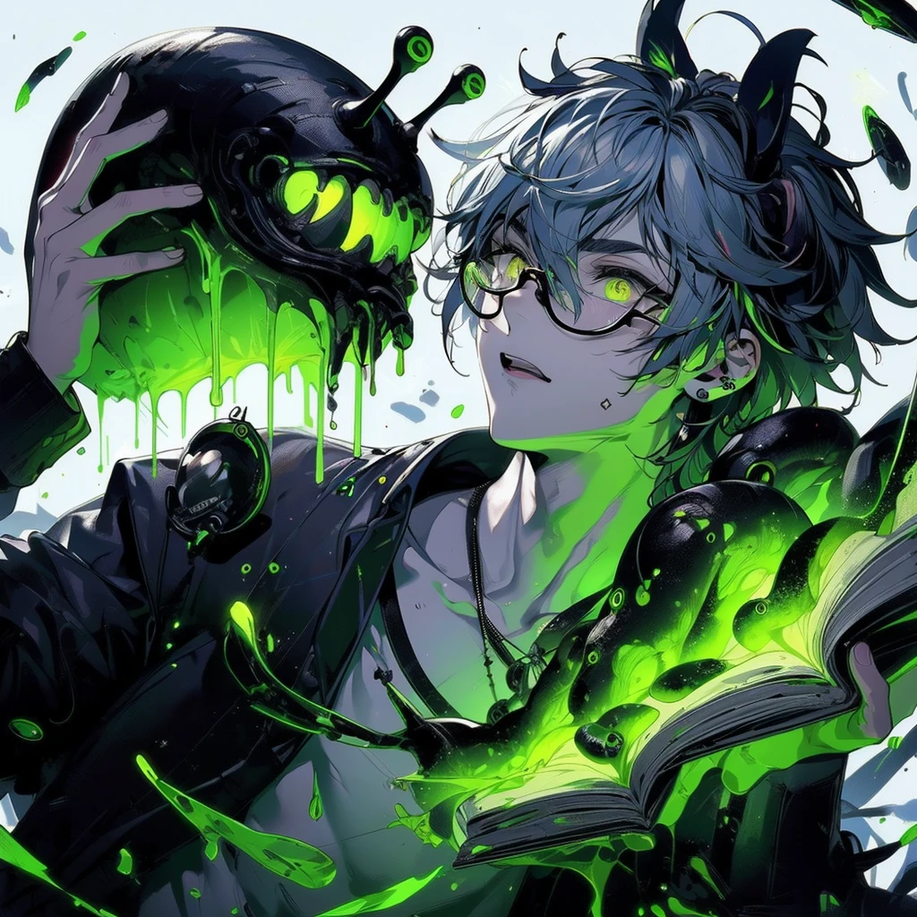 artegem Ouka_Niji 5+ OC Androgynous muscular.1, women glasses nerd preto pasterizado Androgynous gosma green neon viva, cabelo cinza crepuscular, segurando uma lesma gigante preta com rosto, olhos grandes, jogando na parede com uma forma, posicionamento de ataque, Nijiexpressive_6, detalhes neon, high level of pasteurization, acabamento nos detalhes com efeito crepusculo e 2D com efeitos 3D ao redor, ar---16:9, portal energetico dimensional art cover neon