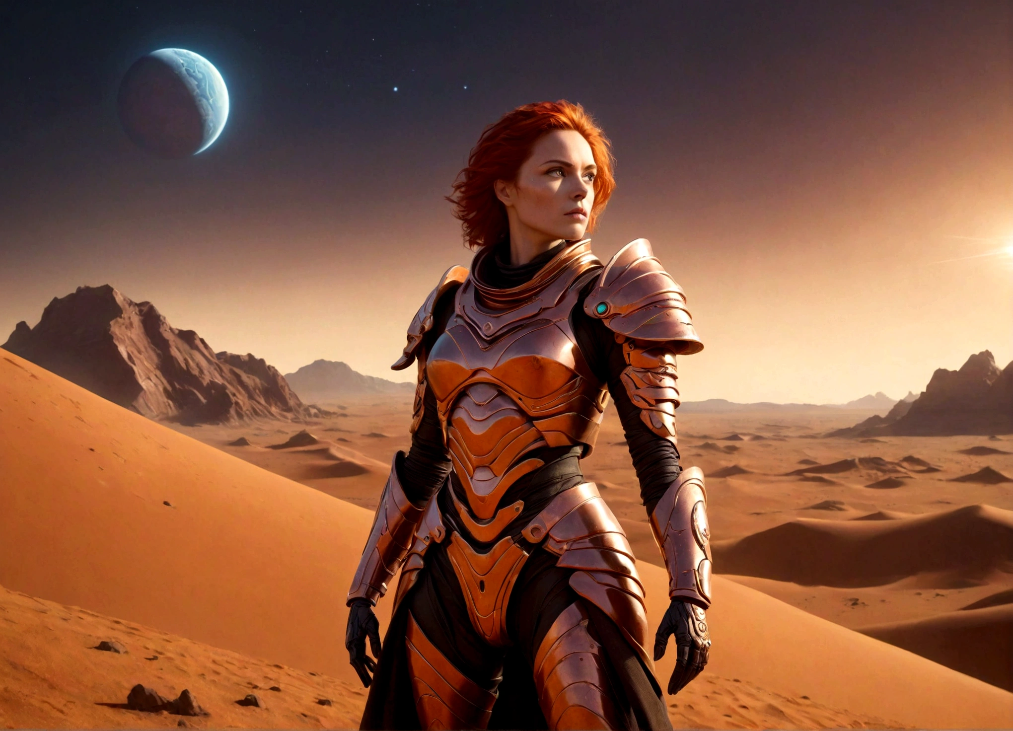 火星の戦士女王, デューンスタイル, 非常に精巧な鎧, 未来的な火星の風景, ドラマチックな照明, 映画の構成, 複雑な機械の詳細, 鮮やかな色彩, SF, 写実的な