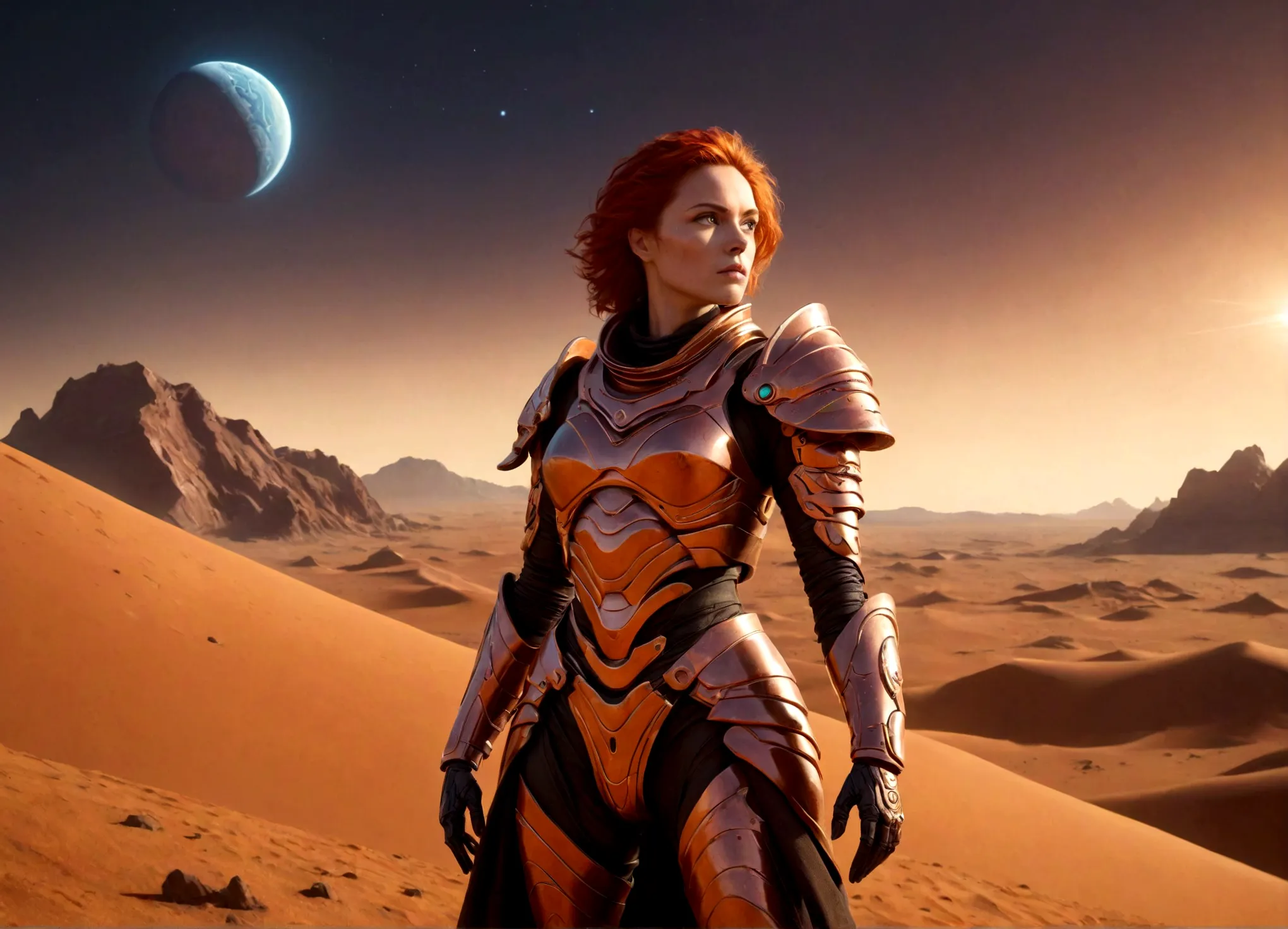 a warrior queen on Mars, Dune-style, highly detailed armor, futuristic Martian landscape, dramatic lighting, cinematic compositi...