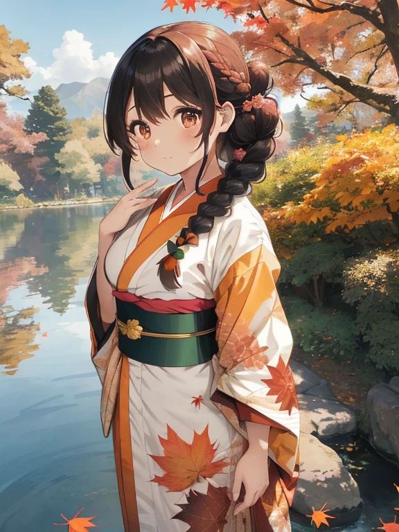 Autumn leaves lakeside,Beautiful lake reflecting light,her fluffy hair is tied up in a loose bun.,Braids,Braiding,Colorful and gorgeous kimono,The hem is long enough to reach the ground,Furisode,shuicolor,white,Pink,Dark green,an orange,A black,reddish,his cheeks are red with embarrassment,gesture of holding one&#39;Chest with both hands,A slightly troubled look,My body writhes with pleasure,SEX,ecstacy,