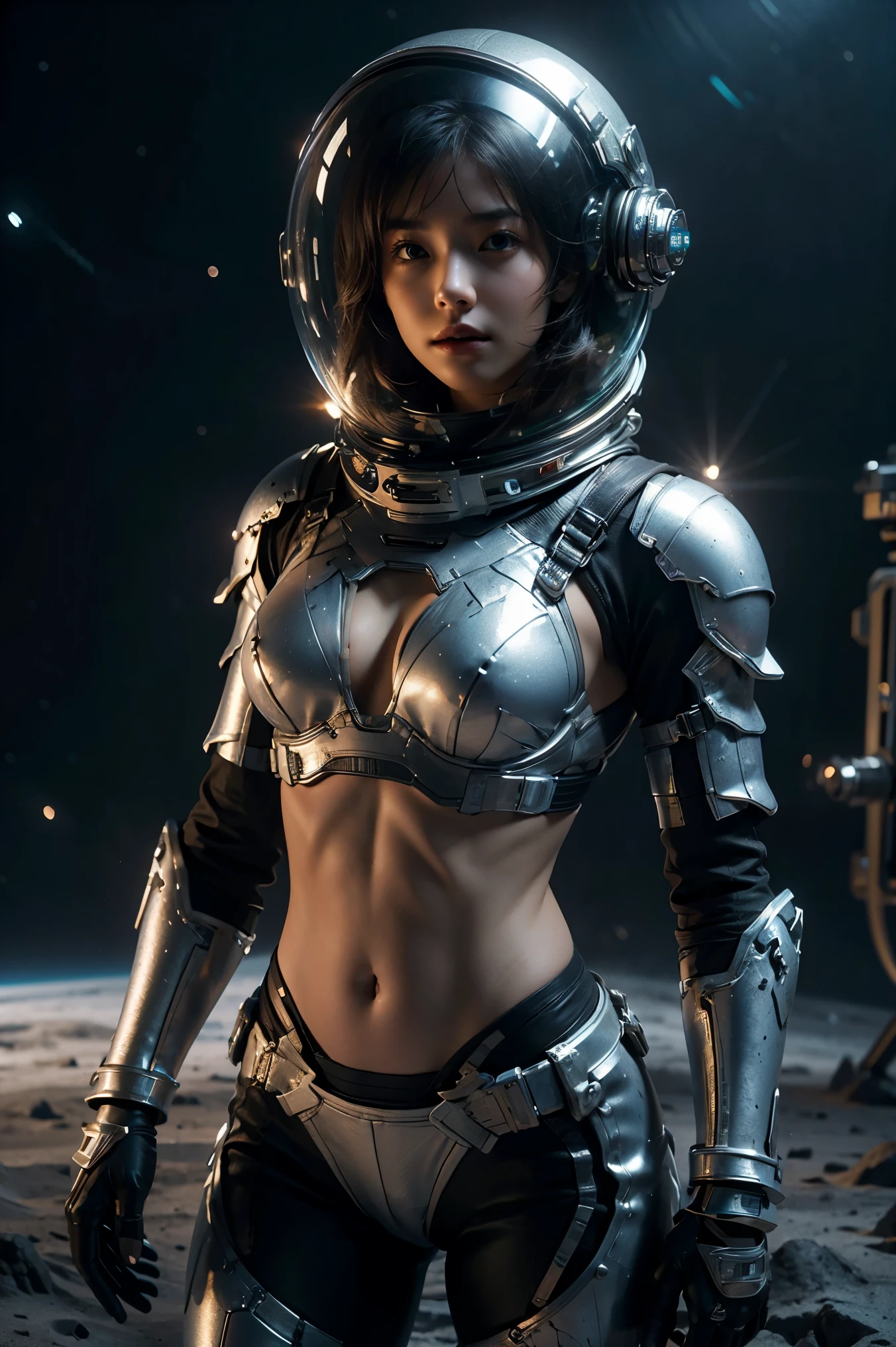 a girl in spacesuit, fully exposed midriff, bare waist,cowboy-shot, in outer space, desolate alien cold planet, Frosted，transparen space-helmet,Transparent full-face helmet ,((bikini top)),((metal Bikini armor)), sexy exposed midriff, full metallic armor, bare midriff and waist, open abdomen, fully exposed abdomen, cowboy-shot, realistic, photorealistic, high quality, 8k, extremely detailed, masterpiece, dynamic pose, dramatic lighting, cinematic, sci-fi, futuristic, vibrant colors