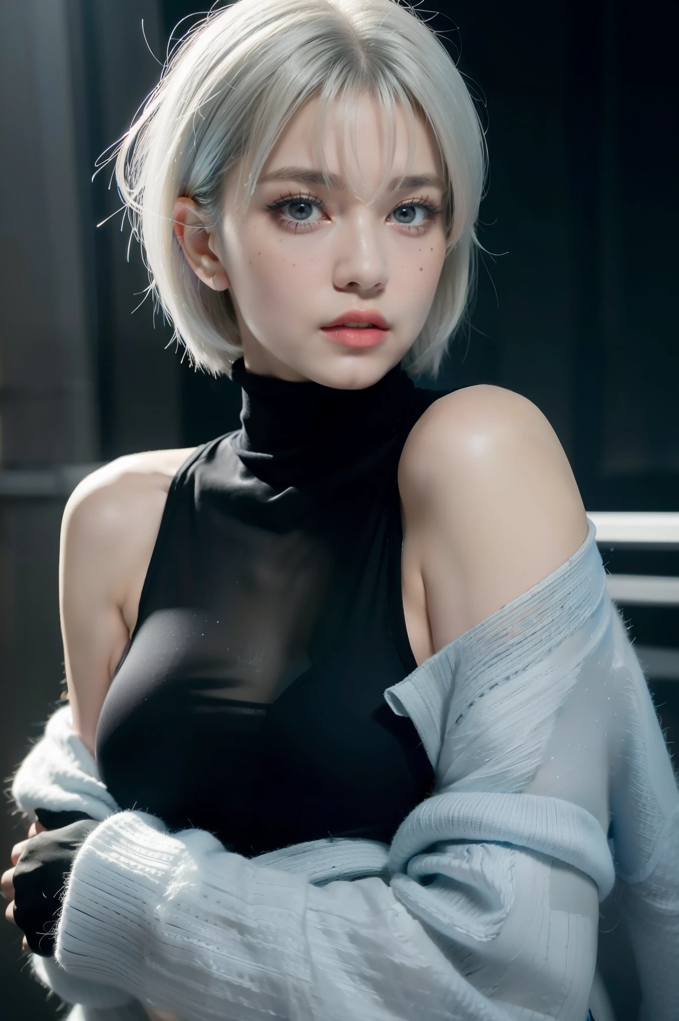 cyberpunk edgerunners, 1 Mädchen, lucy (cyberpunk), nackten Schultern, blaue Augen, Brüste, Trikot, Betrachter betrachten, medium Brüste, Off-Shoulder-Jacke, schulterfrei, Roter Eyeliner, kurzes Haar, sleeveless turtleneck Trikot, Allein, turtleneck Trikot, weißes Haar, ((Meisterwerk)) (beste Qualität, Meisterwerk)