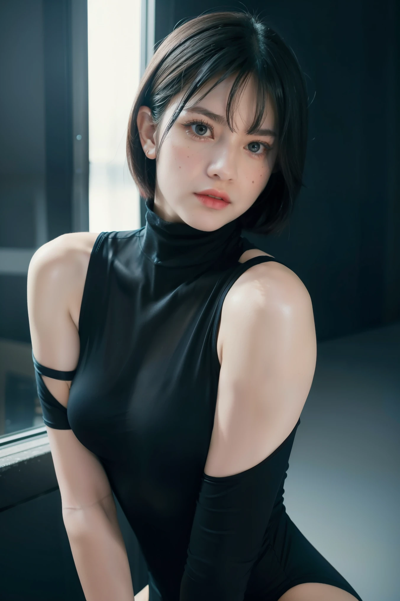 cyberpunk edgerunners, 1 Mädchen, lucy (cyberpunk), nackten Schultern, blaue Augen, Brüste, Trikot, Betrachter betrachten, medium Brüste, Off-Shoulder-Jacke, schulterfrei, Roter Eyeliner, kurzes Haar, sleeveless turtleneck Trikot, Allein, turtleneck Trikot, weißes Haar, ((Meisterwerk)) (beste Qualität, Meisterwerk)