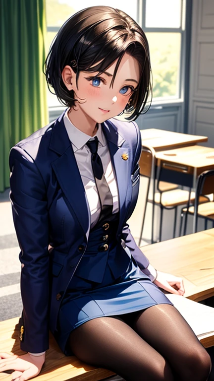 A girl is posing for a photo,pretty girl,Enchanting girl,Anime Girls,
(((One Girl,Baby Face,16 years old))),
BREAK 
 
(black ribbon tie + White Collar Dress Shirt + blue suit jacket + blue suit vest + Blue Shiny Pencil Mini Skirt)、((black pantyhose : low denier, sheer, glossy finish))、(Black high heels), 
BREAK 

(Black Hair, (hair slicked back + Side-haired hairstyle showing ears + Very short back hair))、
(Drooping eyes,blue eyes),(Small breasts),
BREAK 

(Evil Smile),
((noon + Sunlit office)), ((sit cross-legged at a desk:1.4、Turn your body towards the viewer、Cowboy Shot)), 
BREAK 

(Beautiful Hair,Shiny Hair),
(Expression of fine eyes,Beautiful and delicate eyes,Sparkling eyes,Eye Reflexes),
(double eyelid,Long eyelashes),
(Beautiful Nose,Thin Nose),
(Glossy lips,Beautiful Lips,Thick lips),
(Symmetrical facial features,Perfect Face),(((Detailed skin,Oily skin,Textured skin,Beautiful Skin))),
BREAK 

(((highest quality)),((masterpiece)),((Very detailed))),((High resolution),(8k),(16k,1080p),(Anime 2D Rendering)),(Anatomically correct),
(The best CG),Highly detailed art,CG illustration,
