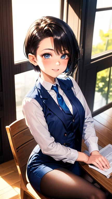 A girl is posing for a photo,pretty girl,Enchanting girl,Anime Girls,
(((One Girl,Baby Face,16 years old))),
BREAK 
 
(black ribbon tie + White Collar Dress Shirt + blue suit jacket + blue suit vest + Blue Shiny Pencil Mini Skirt)、((black pantyhose : low denier, sheer, glossy finish))、(Black high heels), 
BREAK 

(Black Hair, (hair slicked back + Side-haired hairstyle showing ears + Very short back hair))、
(Drooping eyes,blue eyes),(Small breasts),
BREAK 

(Evil Smile),
((noon + Sunlit office)), ((sit cross-legged at a desk:1.4、Turn your body towards the viewer、Cowboy Shot)), 
BREAK 

(Beautiful Hair,Shiny Hair),
(Expression of fine eyes,Beautiful and delicate eyes,Sparkling eyes,Eye Reflexes),
(double eyelid,Long eyelashes),
(Beautiful Nose,Thin Nose),
(Glossy lips,Beautiful Lips,Thick lips),
(Symmetrical facial features,Perfect Face),(((Detailed skin,Oily skin,Textured skin,Beautiful Skin))),
BREAK 

(((highest quality)),((masterpiece)),((Very detailed))),((High resolution),(8k),(16k,1080p),(Anime 2D Rendering)),(Anatomically correct),
(The best CG),Highly detailed art,CG illustration,
