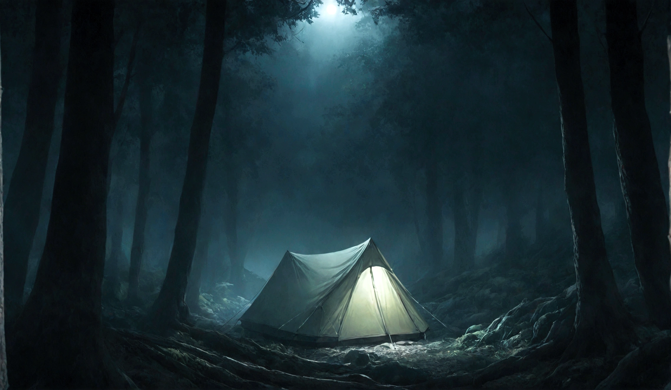 a tent in the woods, there is a small light coming from inside the tent, dark forest around, dark montain, dark atmosphere, horror story