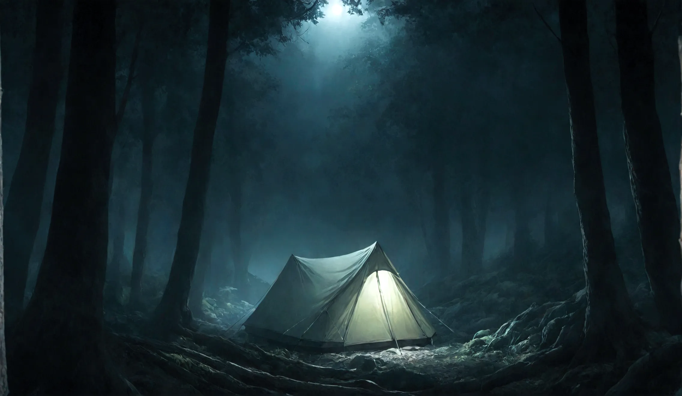 a tent in the woods, there is a small light coming from inside the tent, dark forest around, dark montain, dark atmosphere, horr...
