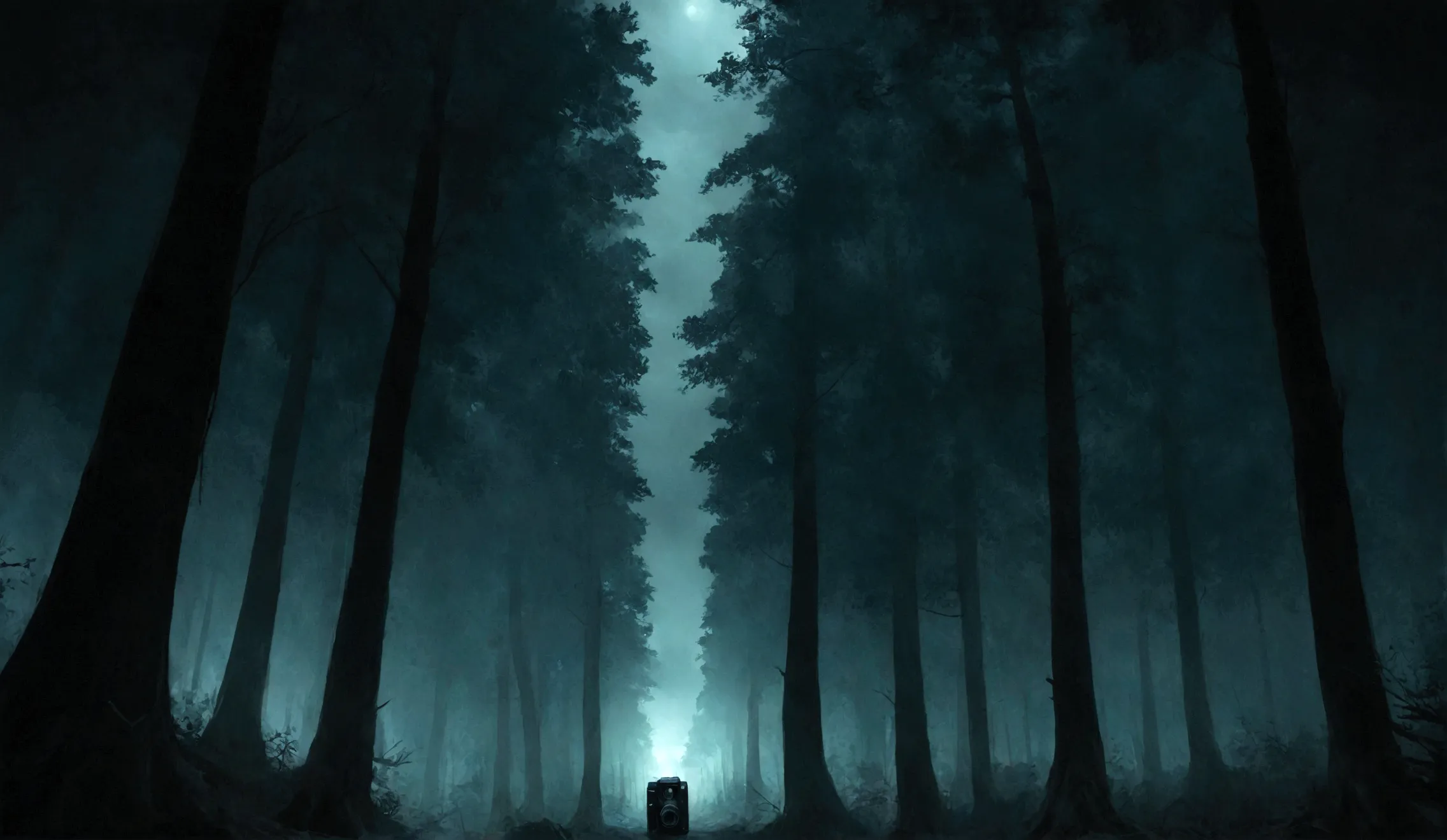 eeire forest at night, high trees, dark montain, dark atmosphere, horror story, camera pointing up