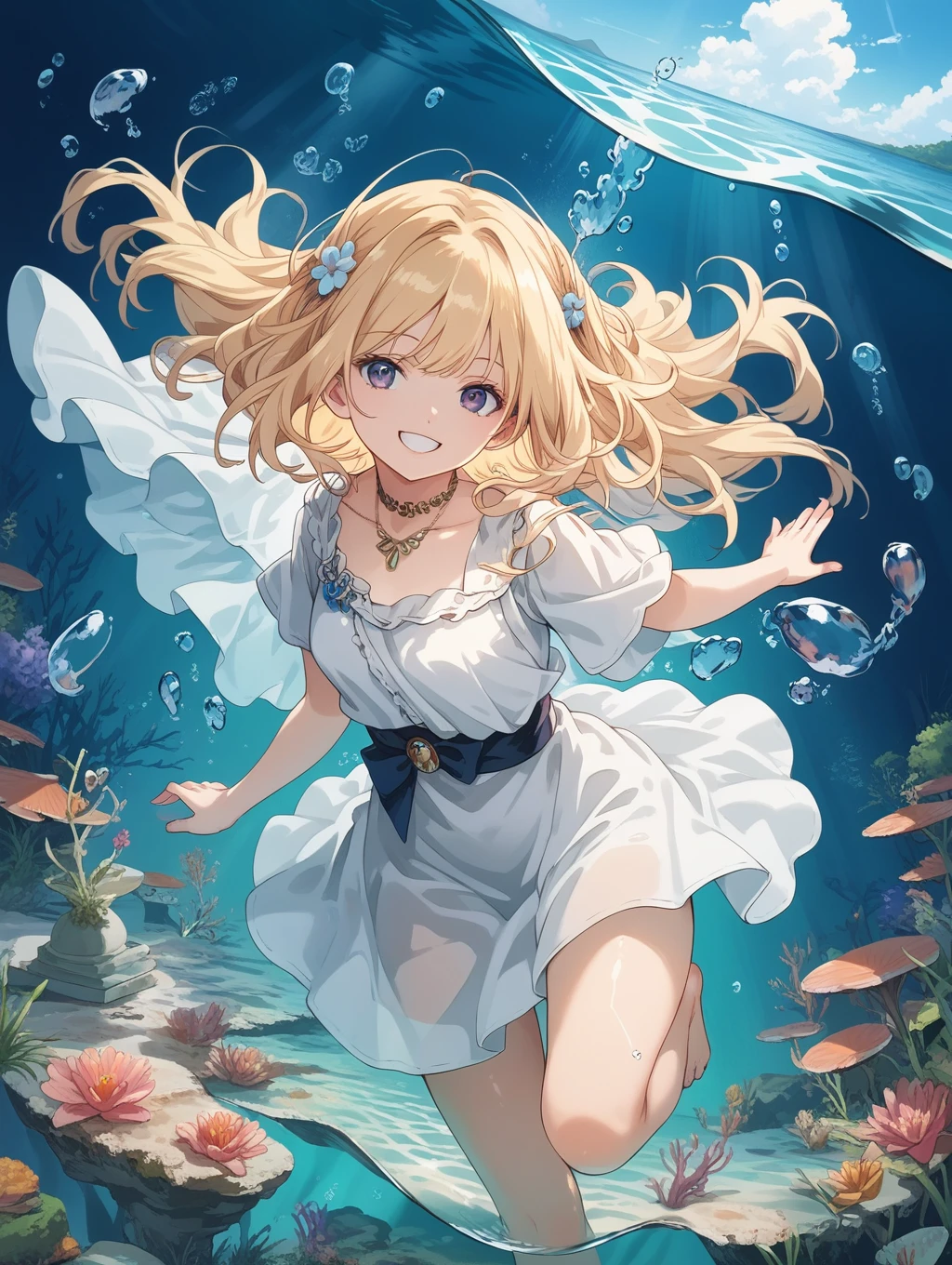 score_9, score_8_up, score_7_up, source_anime,masterpiece, best quality, high resolution, extremely detailed CG, absurdres, 1girl, solo, youth teen girl, smile, ((under the sea)), (white marble Greek temple under water), a girl floating under water, blonde_hair, long_hair, fishs, Tyndall light, under sea, under ocean, underwater, submerged water, deep submersion