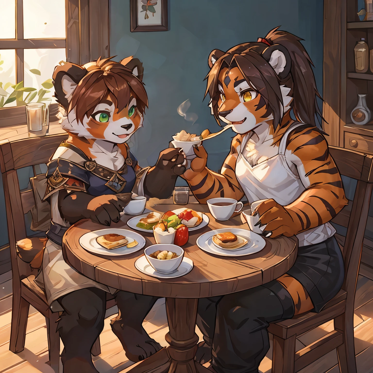 (4fingers), small_round_ears, small_panda_ears, pandaren, world_of_warcraft, furry, anthropomorphic, fluffy_tail, foxtail, cfemale, claws, red_panda, hort, green_eyes, pupils, (four_fingers), short hair, brown_hair, (three_toes), (3toes), simple clothing, detailed_eyes, detailed_face, detailed_hands, detailed_feet, sitting_by_table, breakfast, eating, orange_face