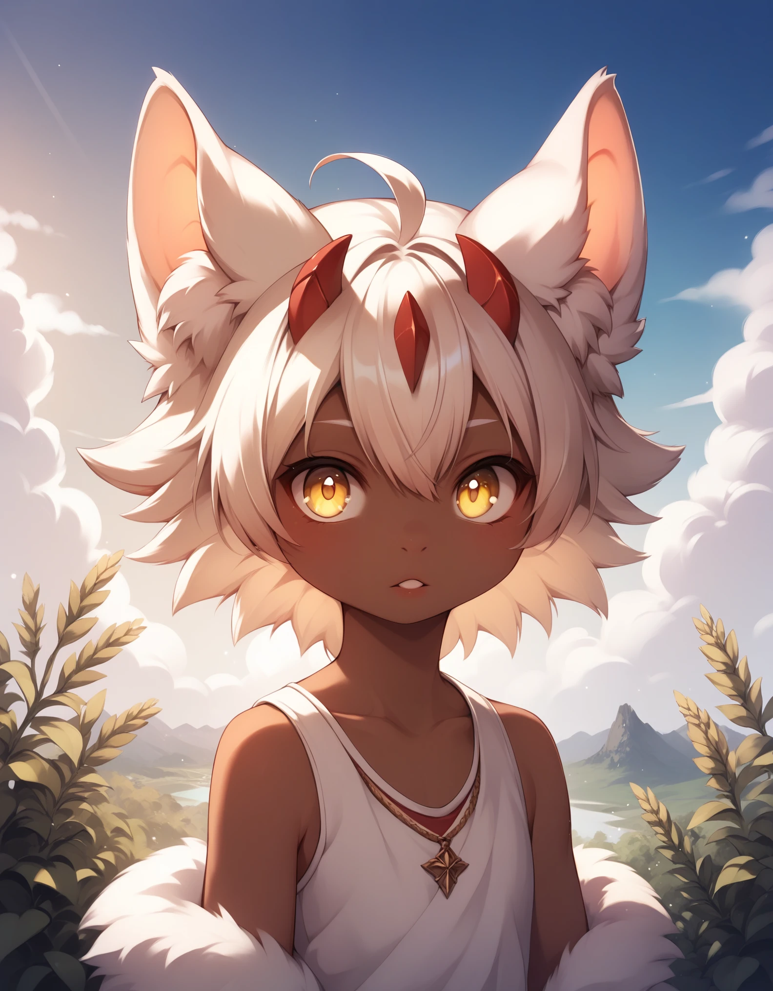 score_9, score_8_up, score_7, score_6_up, rating_safe,, faputa, yellow eyes, (horizontal pupils), brown skin, white fur, red claws, white fluffy tail, three-quarter view, half-length portrait, BREAK, fantasy, morning, plant, sky, cloud, detailed background, foreground, depth of field, ambient silhouette, masterpiece, best quality, light, 