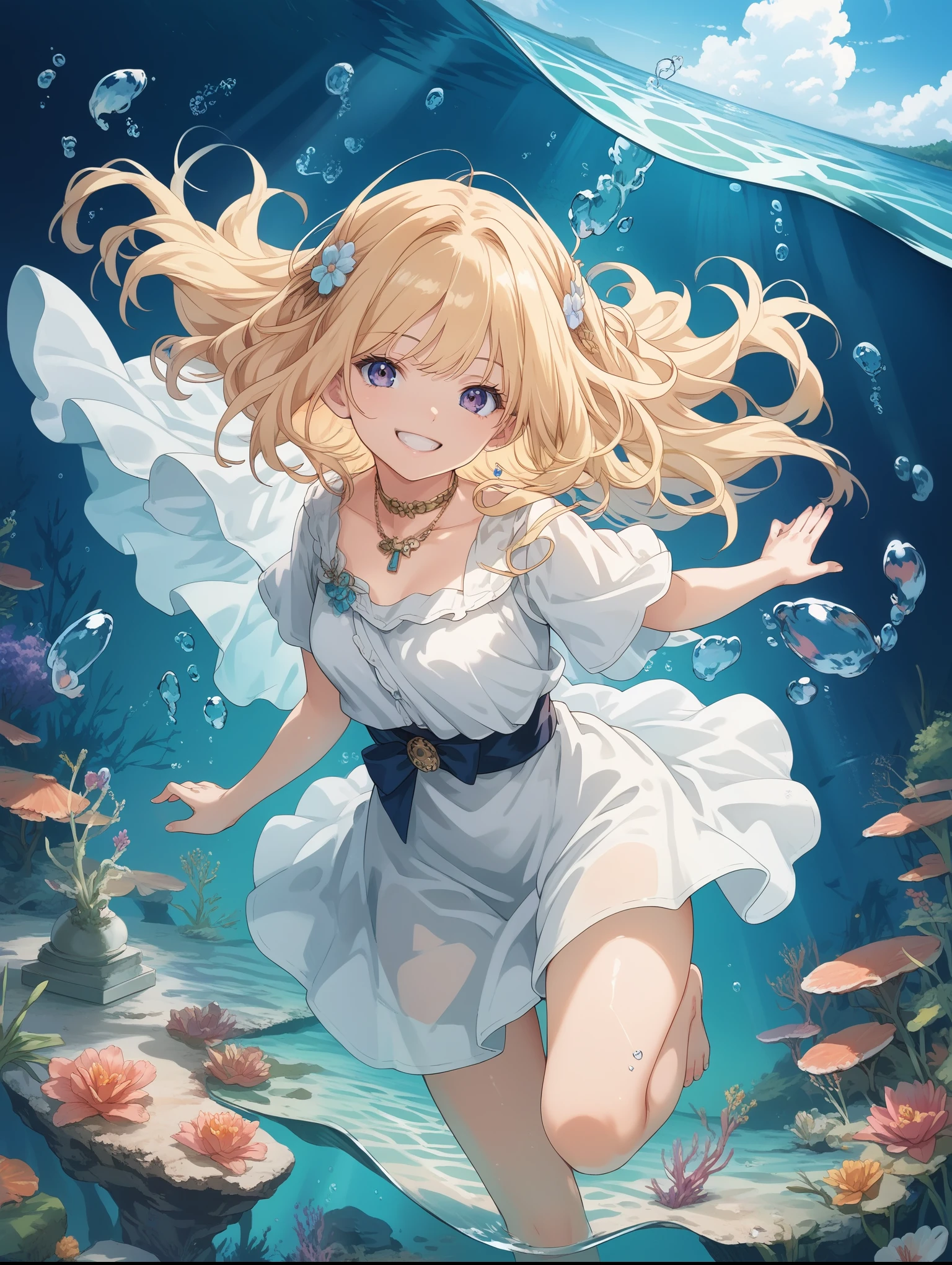 score_9, score_8_up, score_7_up, source_anime,masterpiece, best quality, high resolution, extremely detailed CG, absurdres, 1girl, solo, youth teen girl, smile, ((under the sea)), (white marble Greek temple under water), a girl floating under water, blonde_hair, long_hair, fishs, Tyndall light, under sea, under ocean, underwater, submerged water, deep submersion