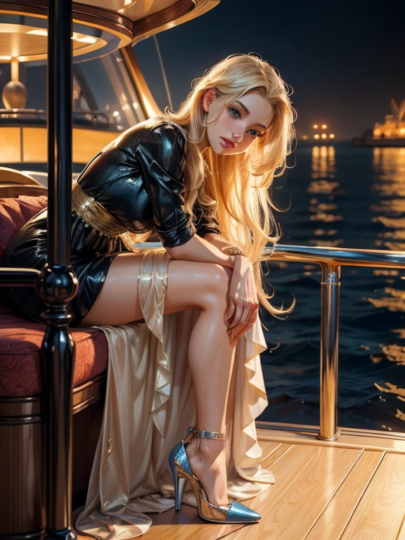 an incredibly beautiful young fatal woman blonde in a luxurious evening shimmering dress, she has long golden hair arranged in a beautiful hairstyle, blue eyes, high-heeled shoes, she stretches her hand to her beloved, looks into the frame. She is in love, she is happy, the award winning masterpiece TIPA, luxury yacht, passionate night, ocean. Masterpiece, beautiful face, beautiful facial features, perfect image, realistic photos, full-length image, 8k, detailed image, extremely detailed illustration, a real masterpiece of the highest quality, with careful drawing.