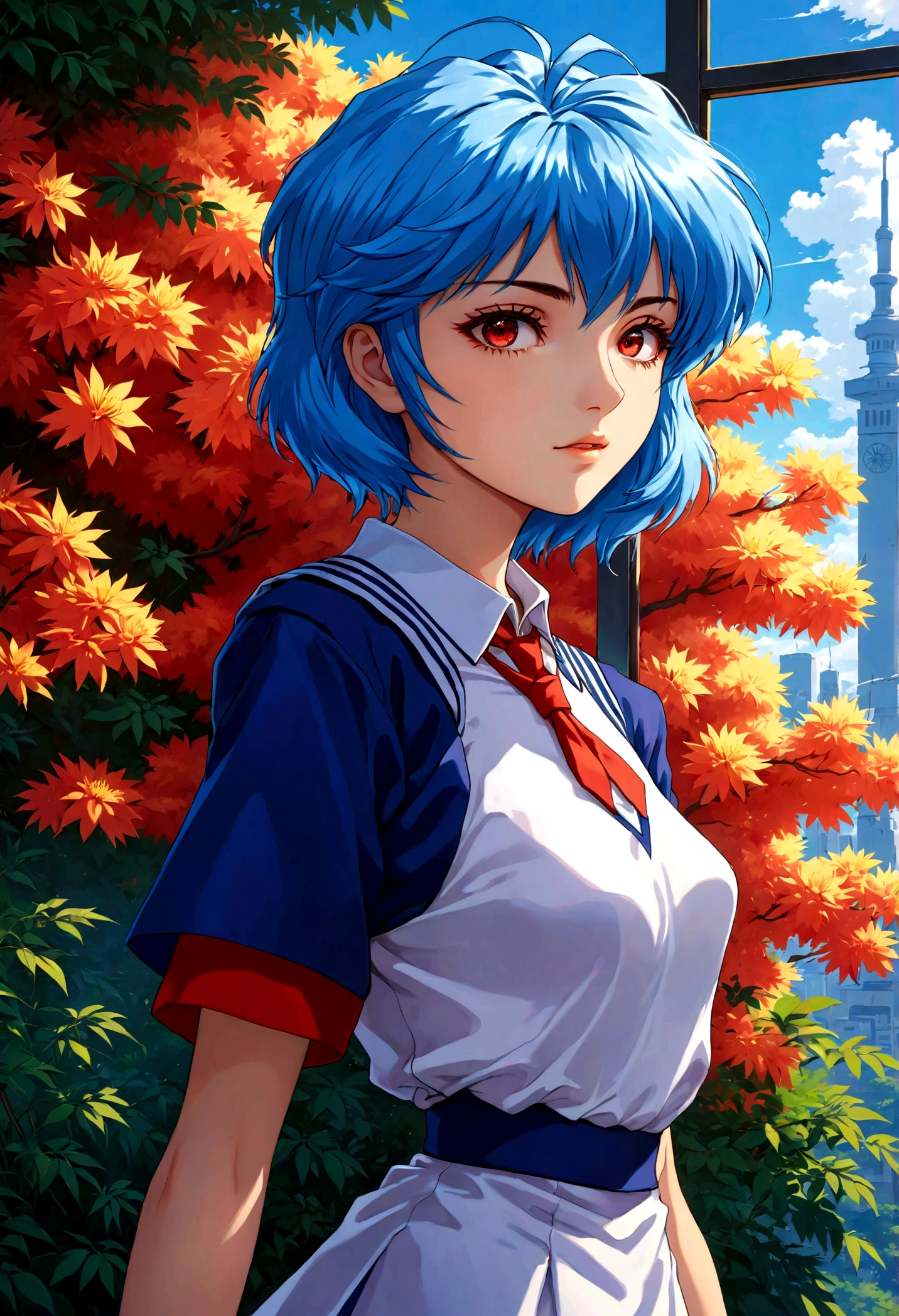 1 chica, rei ayanami, Neon Genesis Evangelion, una chica con cabello azul y ojos rojos, estilo animado, anime de los 90, Uniforme escolar, kawaii, cara detallada, ojos detallados, Cabello detallado, beautiful ojos detallados, hermosos labios detallados, extremely ojos detallados and face, Pestañas largas, pose dinámica, iluminación cinematográfica, 8K, muy detallado, obra maestra, pintura digital, vibrante colors, atmosférico, iluminación dramática, Ilustraciones de anime, estilo animado, visual, vibrante, studio anime, muy detallado