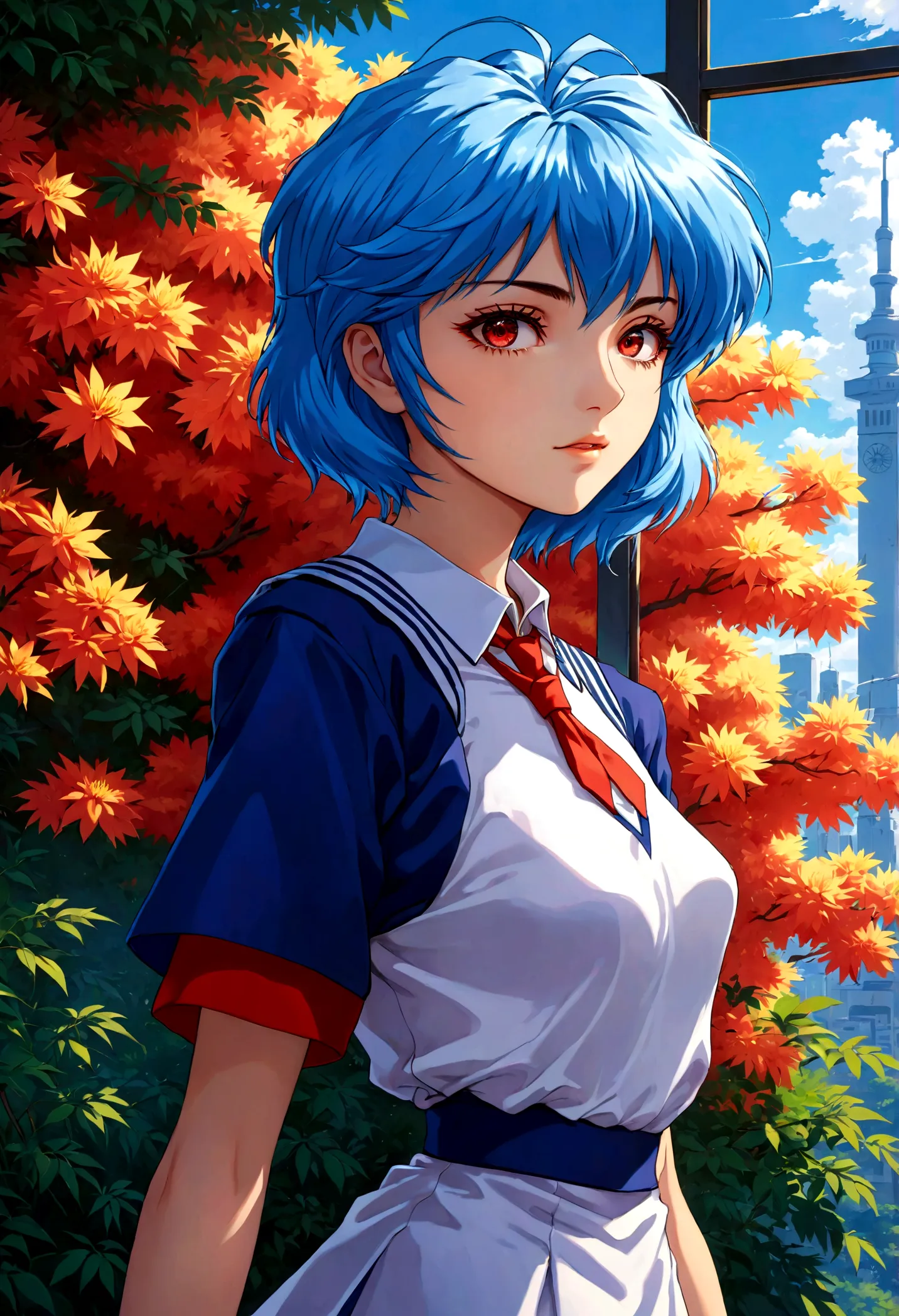 1girl, ayanami rei, neon genesis evangelion, a girl with blue hair and red eyes, anime style, 90s anime, school uniform, kawaii,...